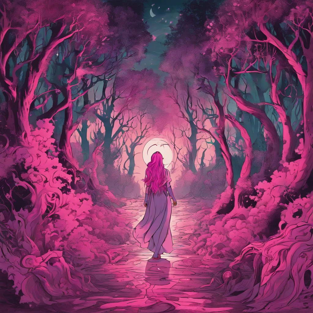 (a pink-haired demon woman,spells:1.1,glowing:1.1)(illustration)(best quality,ultra-detailed,realistic:1.37),demonic witch(demonic:1.1)(magic:1.1)(forest)(dark and mysterious,ominous atmosphere),casting powerful spells,creating magical energy(magic:1.1),vibrant pink hair(swirling pink hair)(flowing pink hair),horns(devil horns:1.1),piercing red eyes,enchanted scepter(magical scepter),elaborate dark robe,glowing magical sigils,fiery embers swirling(magical embers:1.1)(glowing embers),magical aura(glowing aura),eerie shadows,otherworldly presence(presence),sinister smile,nightfall in the background(dark night:1.1)(moonlit forest),lush and dense foliage(twisted trees)(mystical plants:1.1),mystical particles(swirling particles)(floating particles),ethereal glow(ethereal:1.1)(soft glow),faint moonlight breaking through the trees,haunting and captivating(scary atmosphere),bewitching beauty,wide range of colors(vivid colors)(contrasting colors),mystical realm,impressive details,dynamic composition,mesmerizing artwork,photorealistic style(picasso style),impressive shading and lighting,explosive energy,magical atmosphere(fantasy atmosphere),dreamlike scene