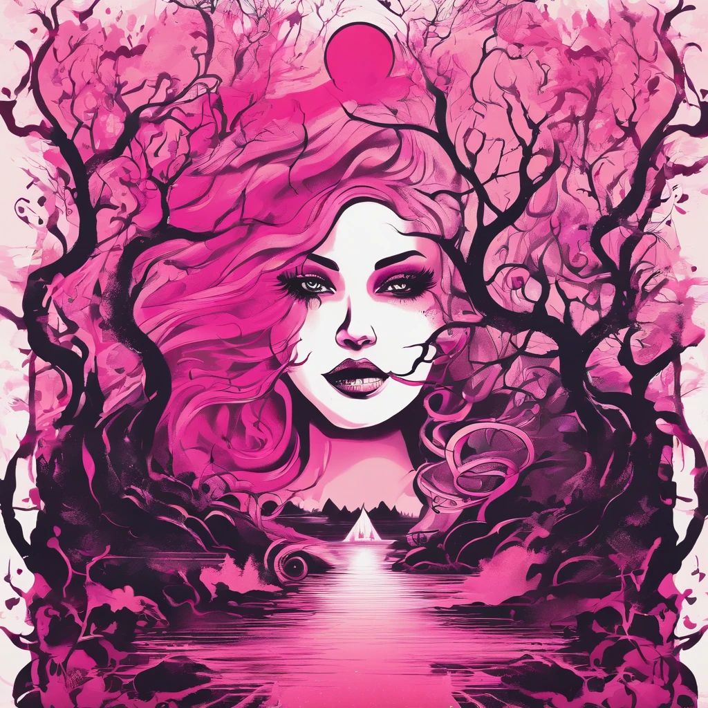 (a pink-haired demon woman,spells:1.1,glowing:1.1)(illustration)(best quality,ultra-detailed,realistic:1.37),demonic witch(demonic:1.1)(magic:1.1)(forest)(dark and mysterious,ominous atmosphere),casting powerful spells,creating magical energy(magic:1.1),vibrant pink hair(swirling pink hair)(flowing pink hair),horns(devil horns:1.1),piercing red eyes,enchanted scepter(magical scepter),elaborate dark robe,glowing magical sigils,fiery embers swirling(magical embers:1.1)(glowing embers),magical aura(glowing aura),eerie shadows,otherworldly presence(presence),sinister smile,nightfall in the background(dark night:1.1)(moonlit forest),lush and dense foliage(twisted trees)(mystical plants:1.1),mystical particles(swirling particles)(floating particles),ethereal glow(ethereal:1.1)(soft glow),faint moonlight breaking through the trees,haunting and captivating(scary atmosphere),bewitching beauty,wide range of colors(vivid colors)(contrasting colors),mystical realm,impressive details,dynamic composition,mesmerizing artwork,photorealistic style(picasso style),impressive shading and lighting,explosive energy,magical atmosphere(fantasy atmosphere),dreamlike scene