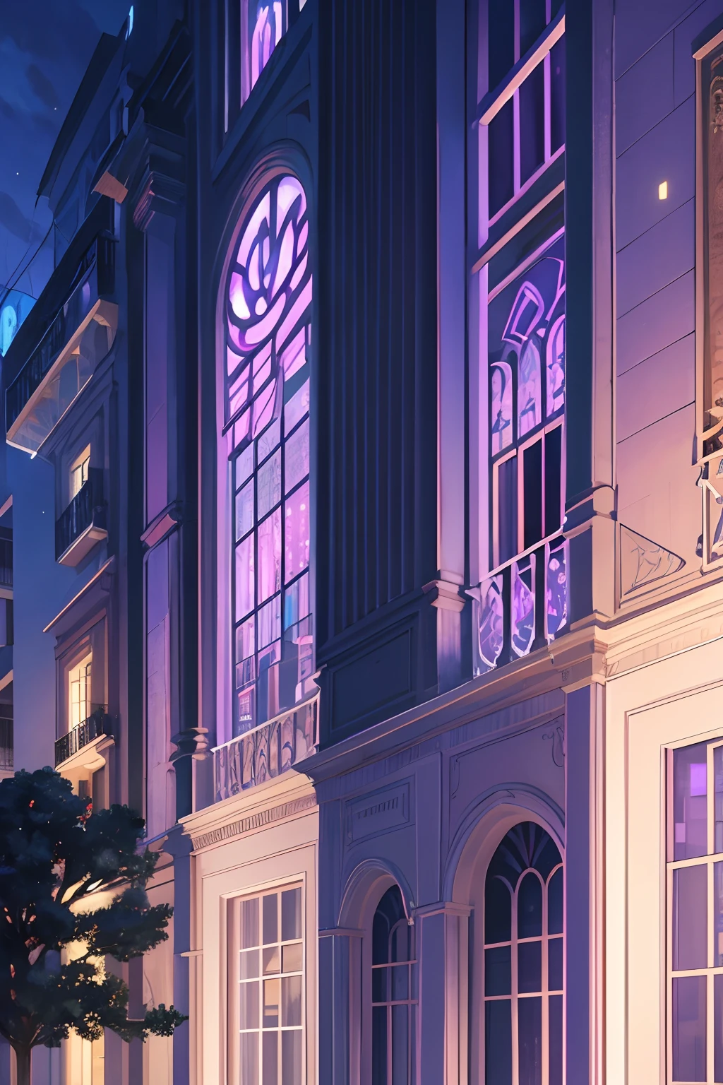 obra-prima de um sobrado empresarial, que tem duas janelas grandes, one on each floor with holographic glow, the entire lilac façade and between the two windows write "POR CRISTO HOJE DESIGNERS", in front put a realistic 8K purple ype tree