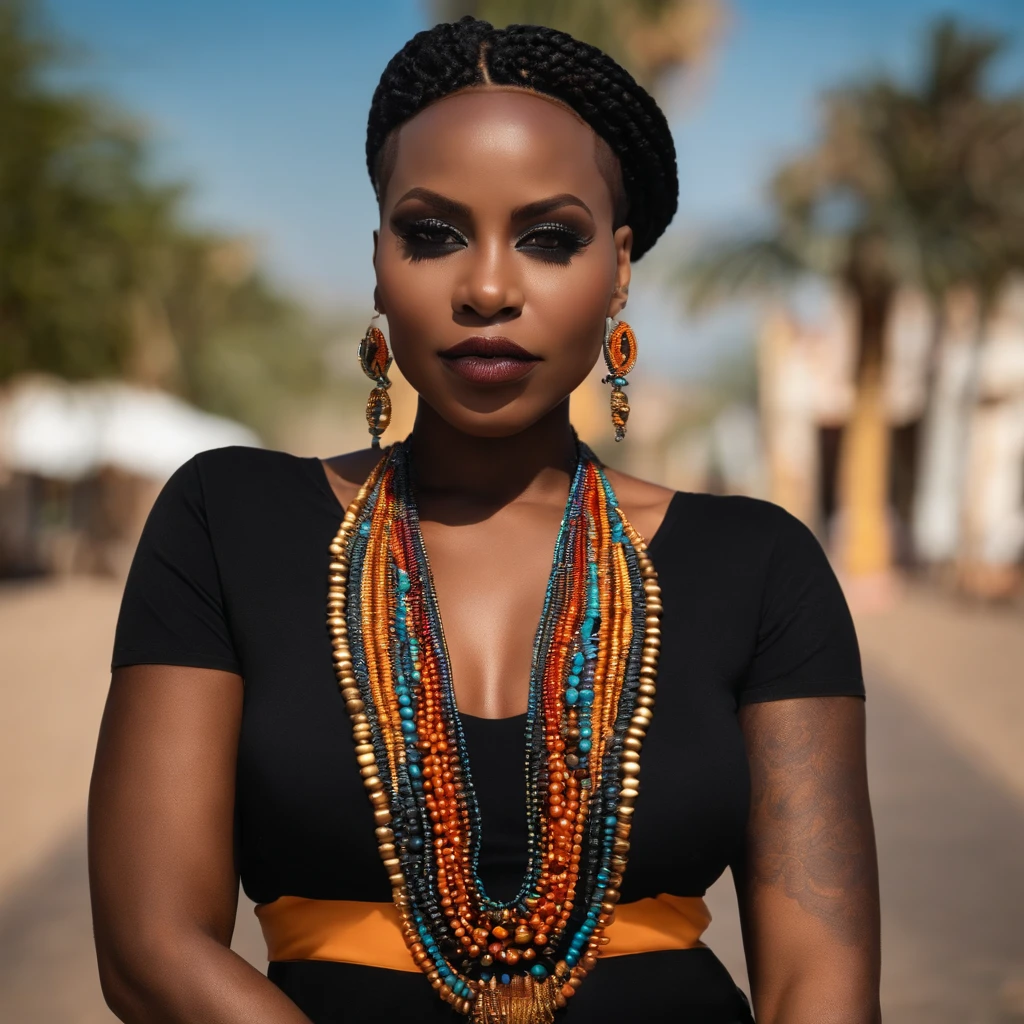 Black woman with striking look short hair shaved sides African necklaces looked at me