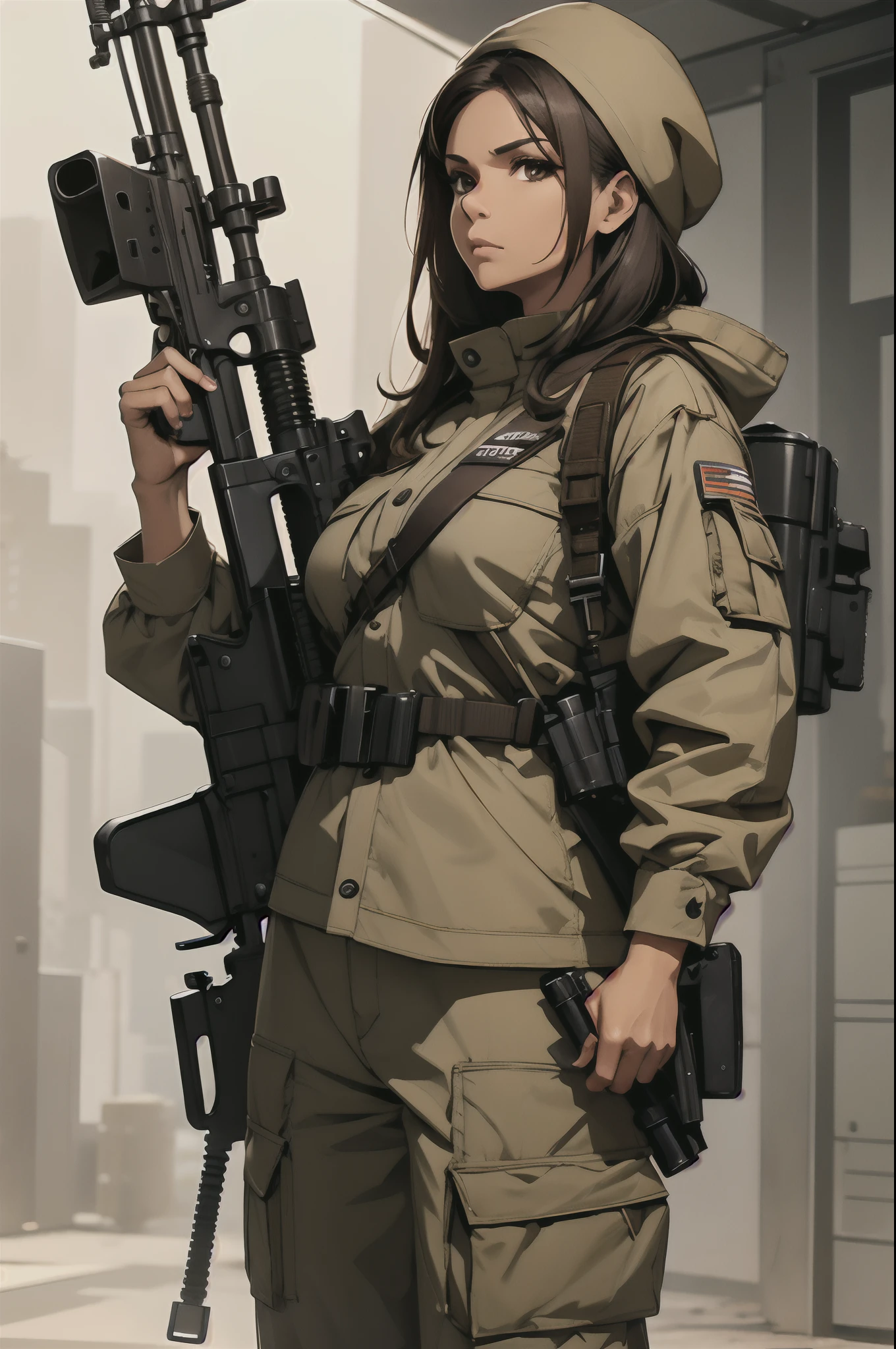A mature brown woman, dressed in guerrilla style clothes and holding a machine gun.
