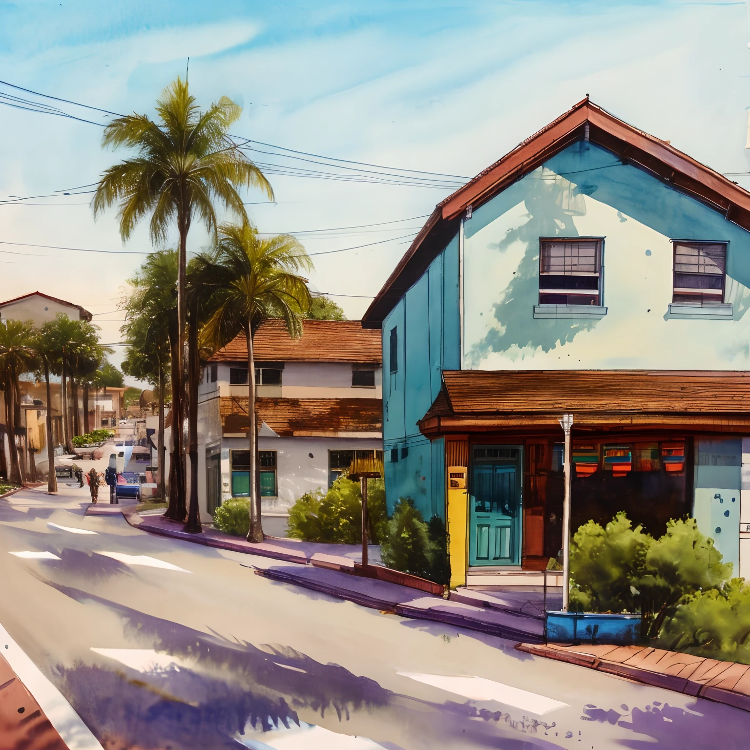 best quality,highres,ultra-detailed,realistic:1.37,Fotografia,suburban street,concrete roads,well-paved,steel frame houses,American and Brazilian style mix,trees-lined street