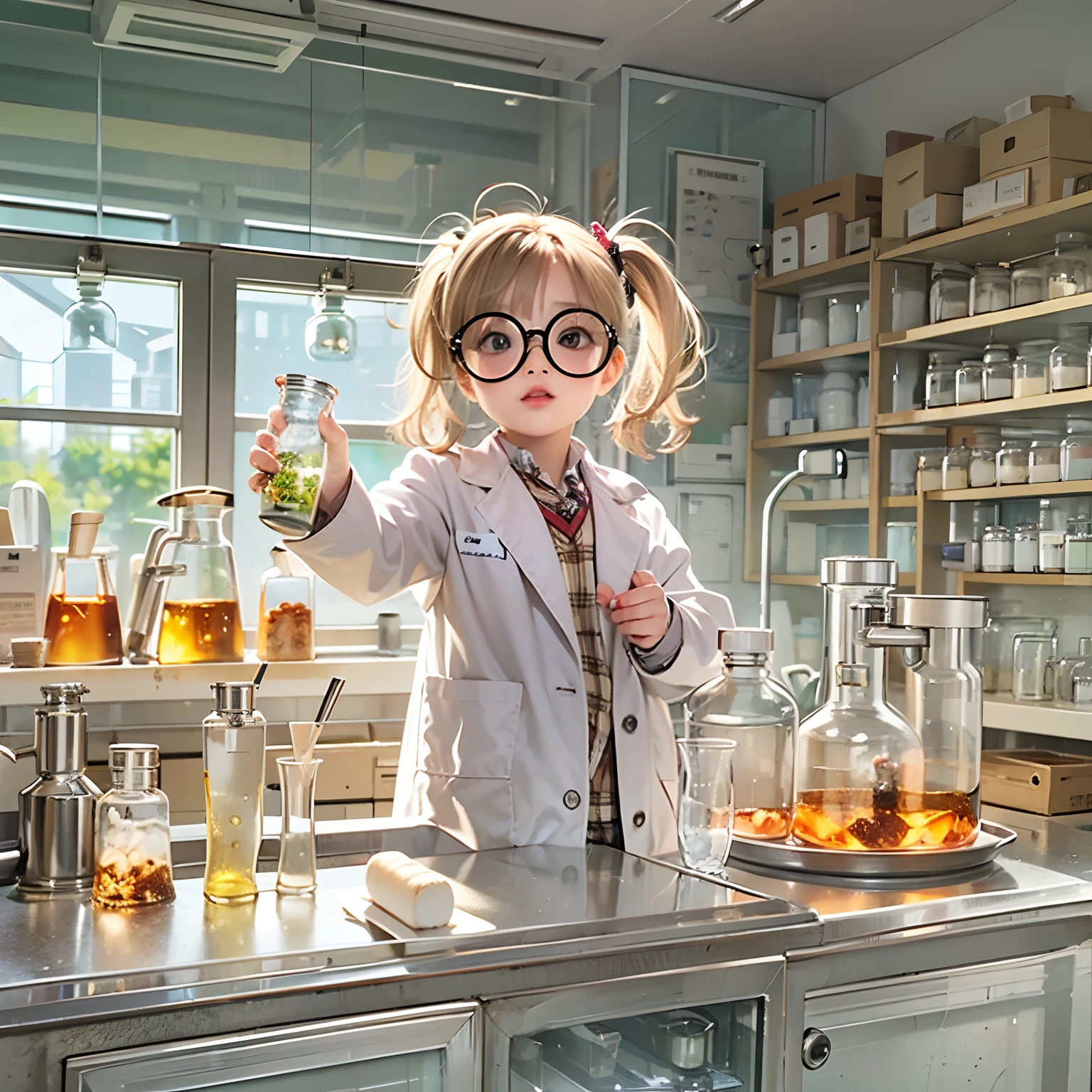 1 little girl , adorable, wears glasses, wears a white lab coat, Holding a round-bottom flask in the chemistry lab, There is a test tube rack on the front, The glass case has medicines, Sunlight outside the window,