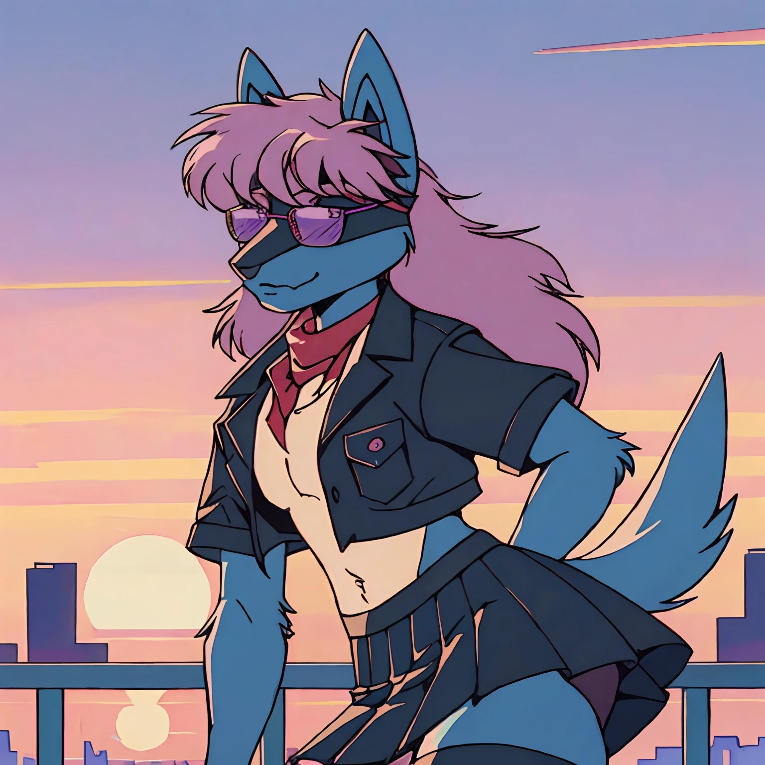 Mute pastel colors， Smooth photos， Retro soul, 1990s animation, 1980s animation, Retro soul， Retro anime style， Masterpiece, Best Quality, Lucario, furry, solo female, Lucario Pokémon, skirt, thigh high socks, crop top black jacket, Retro Lucario fanart, 1990s anime, retro animation, transgender women, sunset over city background, very detailed background, bandana, white chest spike, pink eyes, high definition eyes, very detailed eyes, chubby, small amount of pink hair on top of head with purple highlights, blue fur, cute bandana, trans flag bandana, picturesque background, 1 horizon line, rose tinted rimless glasses, gradient rose tinted glasses, perfect background, beautiful background, black jacket, black face markings, no shirt, midriff, belly button, 1 bandana around neck, black skirt