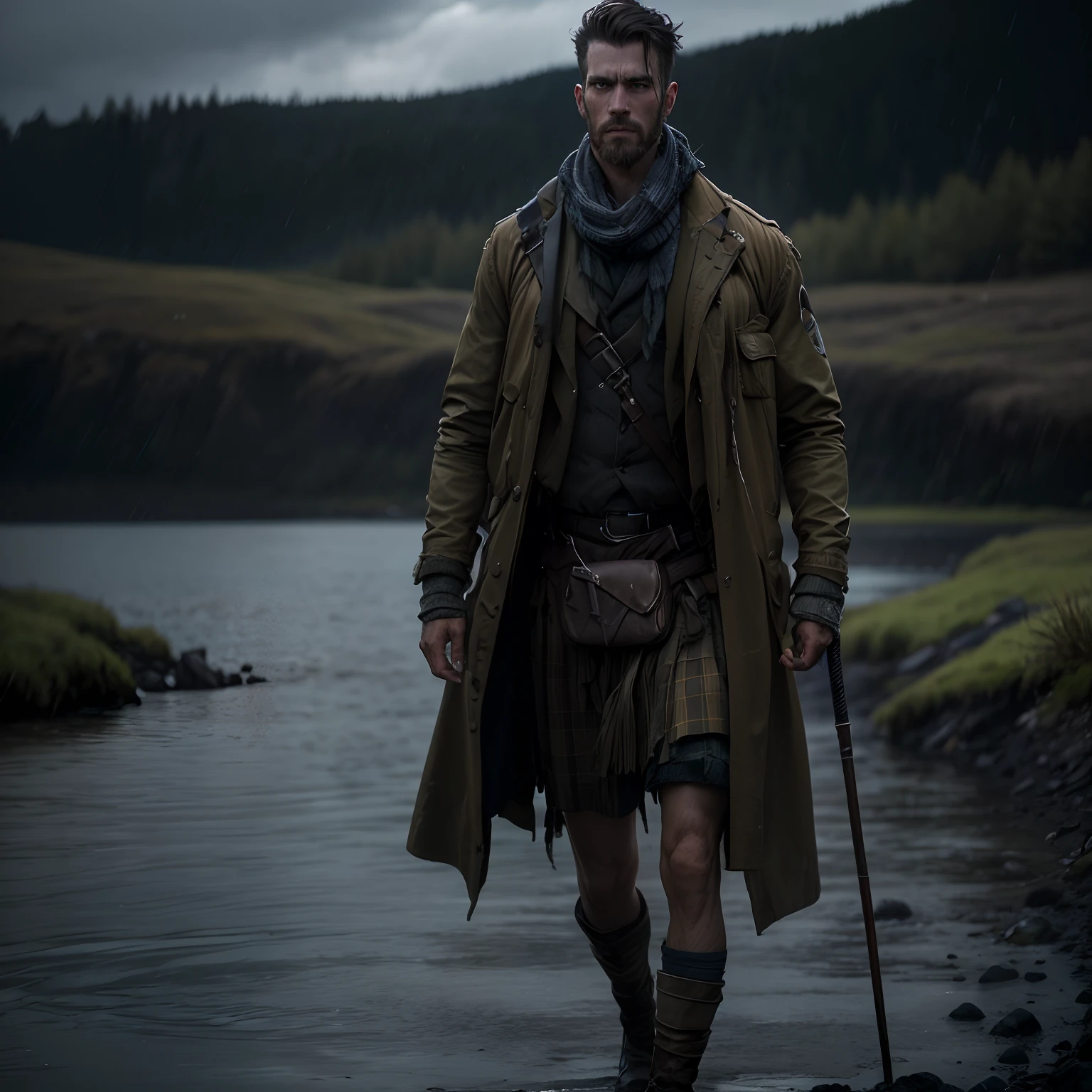 (((walking into a lake away from camera))), on a grey rainy day, tan color outfit, In a Highlander’s Shoes a Scots highlander, walks the bogs and mountainsides alone, a Story of Survival, History & Land,  (((walking into a lake away from camera))), wearing a tan and khaki plaid kilt, wearing traditional drovers outfit, carrying a staff dark, brown leather backpack, extreme long shot, full body shot, very large lake, walking in shallow shoreline, 24k resolution, impressionism art style, photorealistic, hyperdetailed, stormy clouds, up to his knees in water, no dock, walking away from camera, midnight sky mystical dark heavy rain  dark fantasy portrait of a man, apocalypse survivor, confident eyes, looking at camera, wearing a worn out dirty ragged clothing, realistic hands, accurate ???????, apocalyptic environment