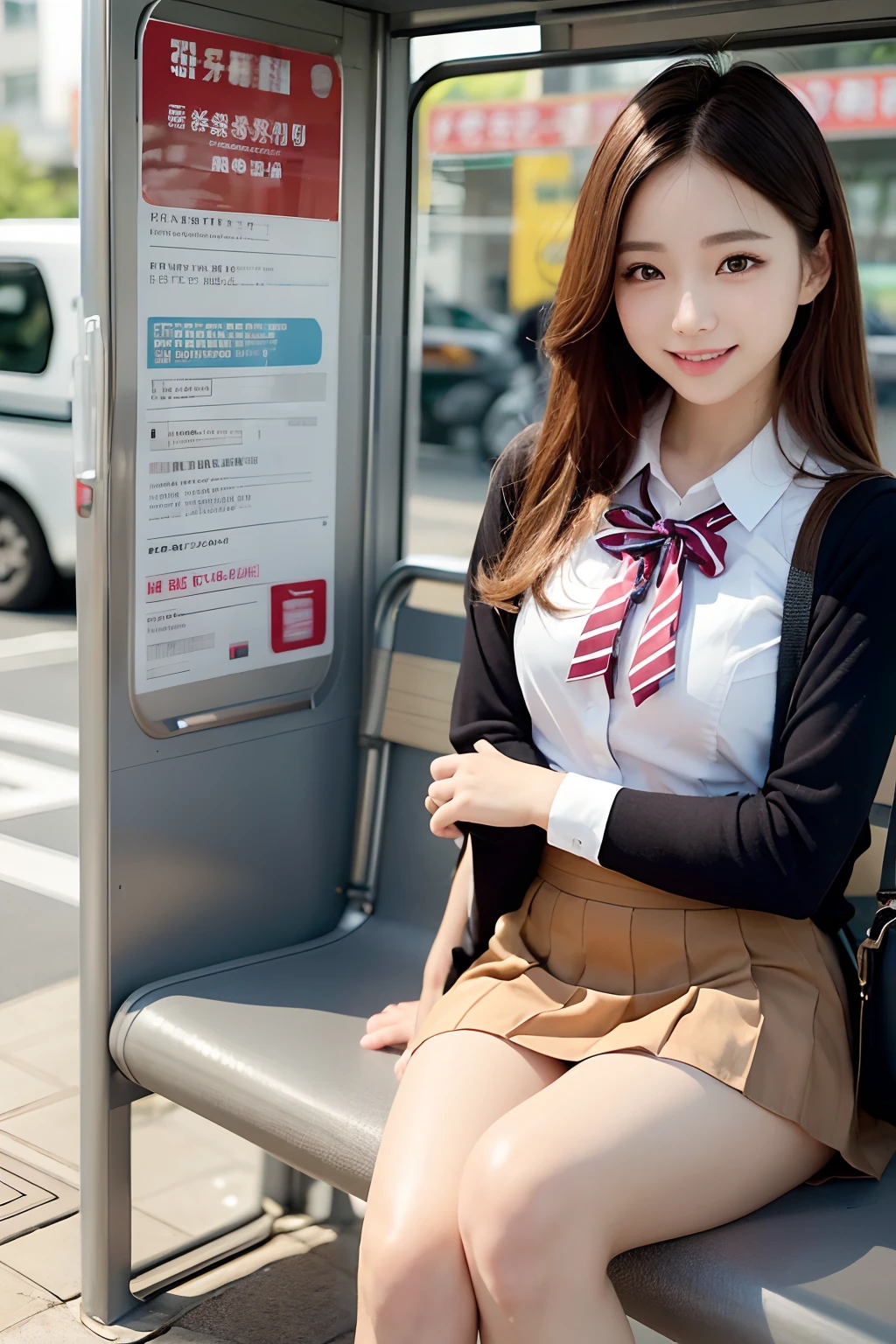 (realisitic、Photorealsitic:1.37)、(masterpiece)、(top-quality:1.4)、(超A high resolution:1.2)、(RAW Photography:1.2)、(foco nítido:1.3)、(Face Focus:1.2)、elegent、(full bodyesbian:1.2)、top-quality、masterpiece、(真实感:1.2)、girl with、brown haired、brown-eyed、frontage、A detailed face、beautidful eyes、Pleated mini skirt uniform、Sitting at the bus stop(1.5)、Biting smile、a lot of eyelashes、high-heels、 Very pretty