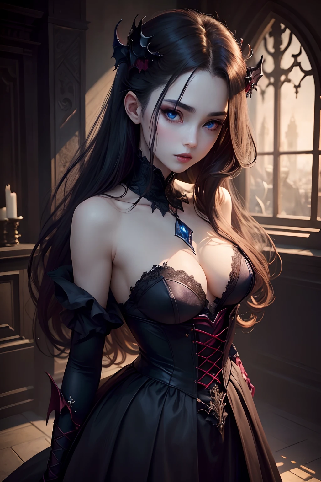 vampire、Vampires、Hell、demon realm、Demons、The Darkness、Beautuful Women、 blue Beautiful、Beautiful eyes、Ultimate Balance、Perfect balance、masterpiece、- Perrealistic、Picturesque beauty、Very delicate and complex、good looks