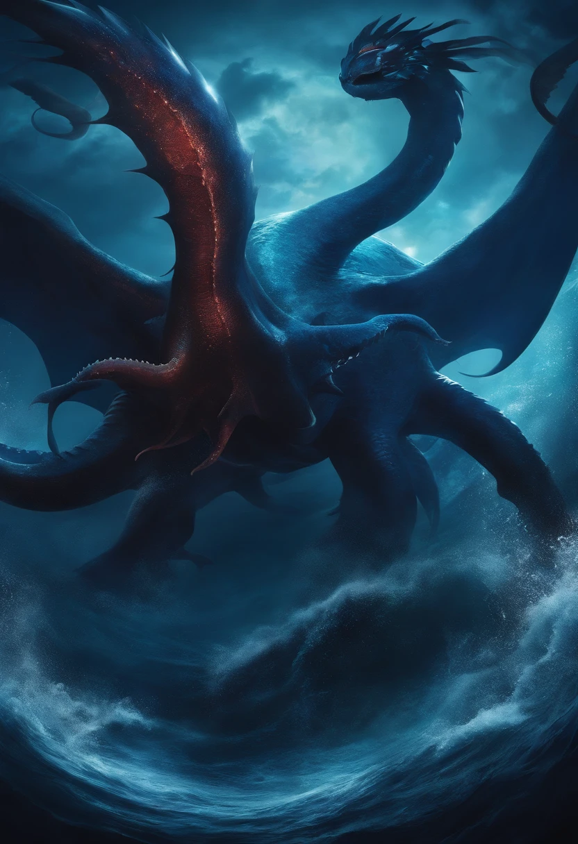 I want to make a Pokémon. Water and Dark type. Based off The Kraken. Primary colors are Dark Blue and Black. Should be big and menacing looking.