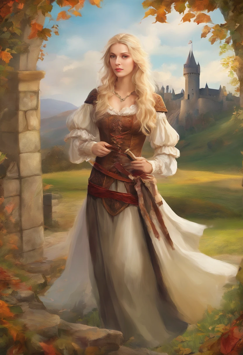 (a blonde woman with medieval attire, holding a bow),oil painting, detailed face and eyes, vibrant colors, realistic lighting, medieval landscape, castle in the background, flowing hair, confident and focused expression, classical art style, warm color tones, high resolution, sharp focus, elaborate costume, intricate bow design