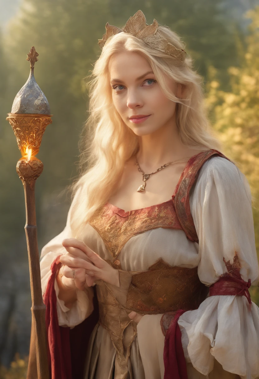 (a blonde woman with medieval attire, holding a bow),oil painting, detailed face and eyes, vibrant colors, realistic lighting, medieval landscape, castle in the background, flowing hair, confident and focused expression, classical art style, warm color tones, high resolution, sharp focus, elaborate costume, intricate bow design