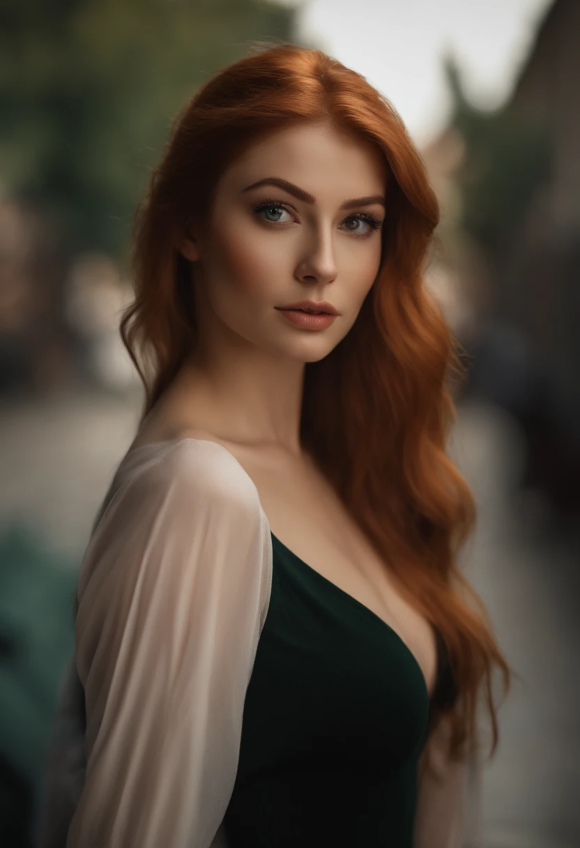 professional, (4k photo:1.1) by (Jeremy Lipking:0.3), (Dittmann Anna:0.3), (Arian Mark:0.3), (Sharp focus:1.3), high detail, wearing (tight shirt:1.2), beautiful detailed face, an attractive woman with long red hair looks into the camera, looking like actress Katherine McNamara, panasonic lumix s pro 50mm f/1.4, anne stokes, color splash, dark orange and dark emerald, ferrania p30, photo realistic, (attractive young woman:1.3), (seductive:1.1), (blushing:1.1), hourglass body shape, big round breasts, wide hips, in background city, taking selfie, wearing jumper,big ass, big tit