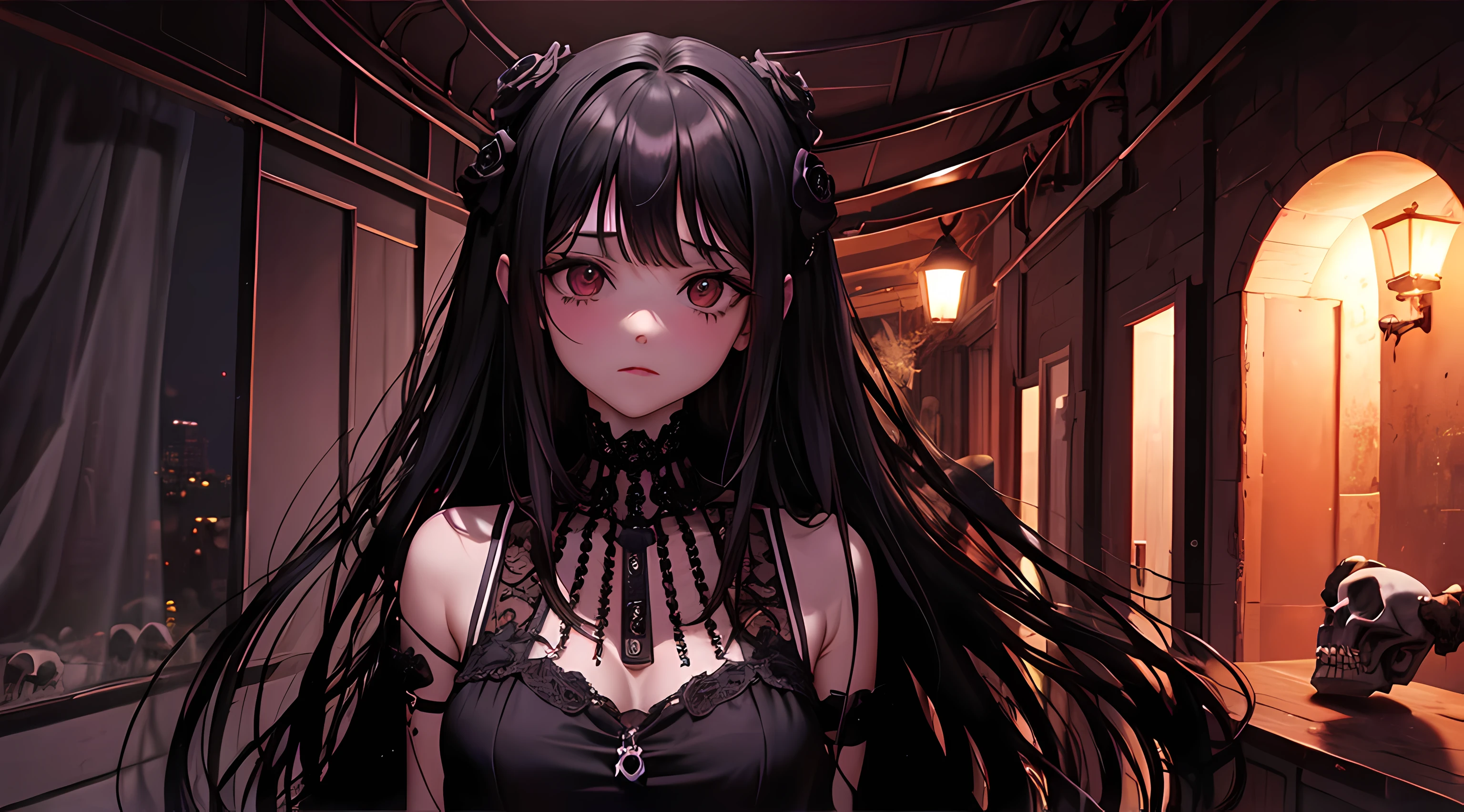 (paisaje nocturno), horror, embrujado, corpses, skulls, Imagen que representa el infierno, necronomicon, Pintura de estilo de imagen, realista, Sombras, Disco duro, alta calidad, Cinematic cute girl