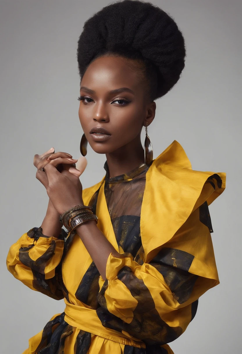 Full portrait d'une femme noire, nez pointu, robe jaune longue africaine, cheveux envelopper avec une plastique transparente, boucle d'oreille, bracelet en bois, dans un background simple