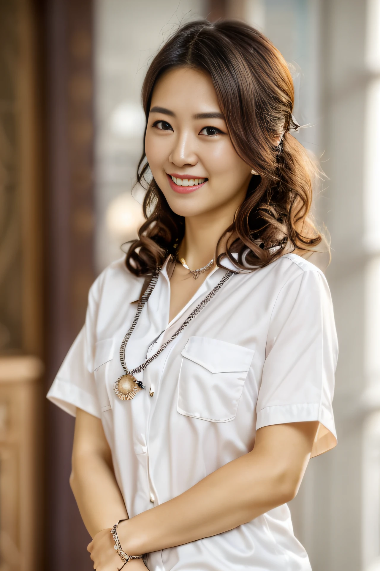 ((top-quality、in 8K、masterpiece:1.3)), faces, foco nítido:1.2, Beautiful woman with perfect body shape:1.4, Slender Abs:1.1, ((dark brown hair、Curly hair)), piercings, a necklace, (White Y-shirt, is standing:1.2), ((Urban streets:1.3)), Highly detailed facial and skin texture, A detailed eye, 二重まぶた, Gahaha laughter, Highly detailed white tooth texture