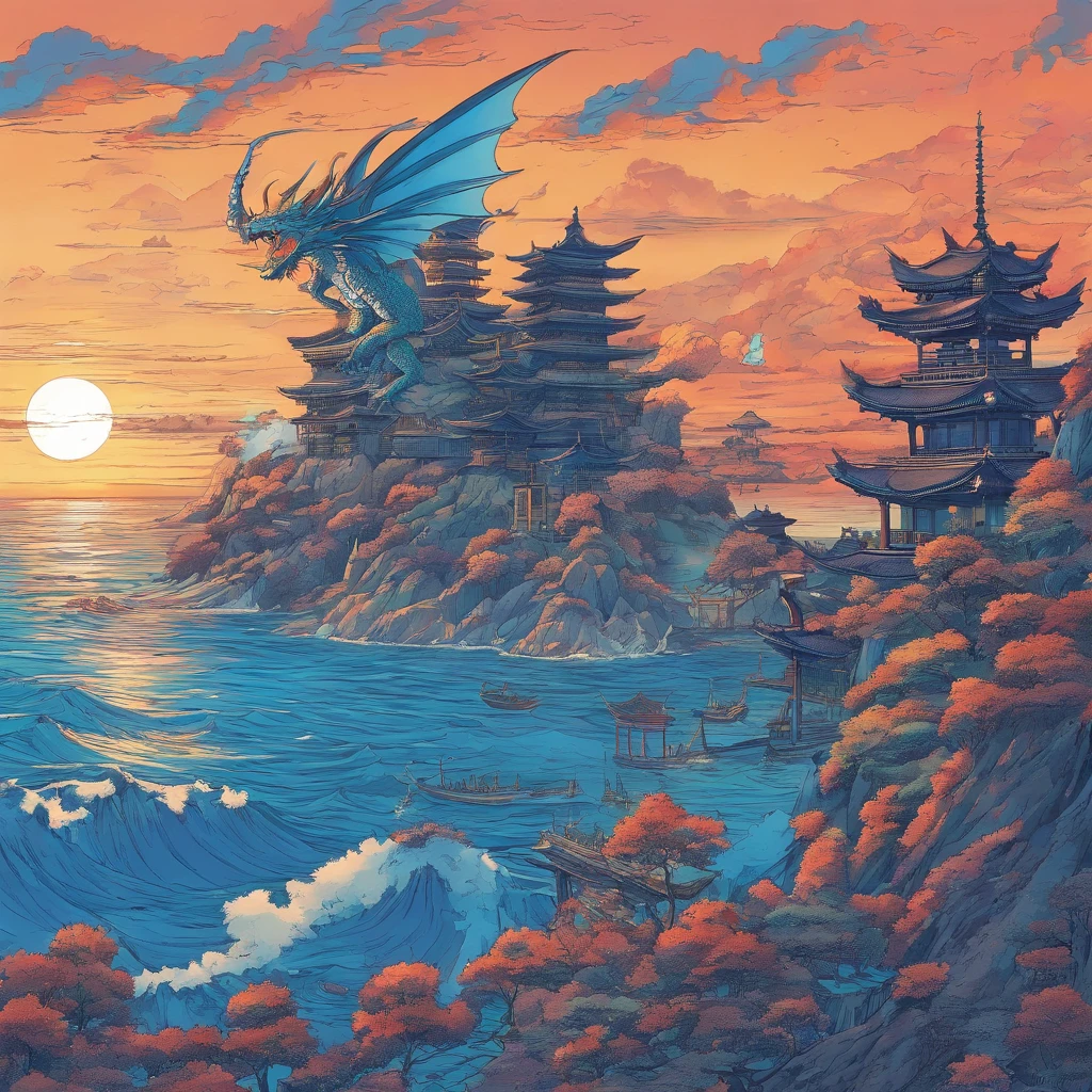 Orcs with blue hair with dragon horns,At sea level,the sunset
