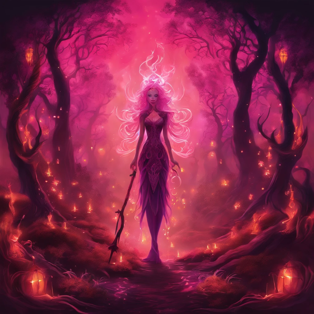 (a pink-haired demon woman,spells:1.1,glowing:1.1)(illustration)(best quality,ultra-detailed,realistic:1.37),demonic witch(demonic:1.1)(magic:1.1)(forest)(dark and mysterious,ominous atmosphere),casting powerful spells,creating magical energy(magic:1.1),vibrant pink hair(swirling pink hair)(flowing pink hair),horns(devil horns:1.1),piercing red eyes,enchanted scepter(magical scepter),elaborate dark robe,glowing magical sigils,fiery embers swirling(magical embers:1.1)(glowing embers),magical aura(glowing aura),eerie shadows,otherworldly presence(presence),sinister smile,nightfall in the background(dark night:1.1)(moonlit forest),lush and dense foliage(twisted trees)(mystical plants:1.1),mystical particles(swirling particles)(floating particles),ethereal glow(ethereal:1.1)(soft glow),faint moonlight breaking through the trees,haunting and captivating(scary atmosphere),bewitching beauty,wide range of colors(vivid colors)(contrasting colors),mystical realm,impressive details,dynamic composition,mesmerizing artwork,photorealistic style(picasso style),impressive shading and lighting,explosive energy,magical atmosphere(fantasy atmosphere),dreamlike scene