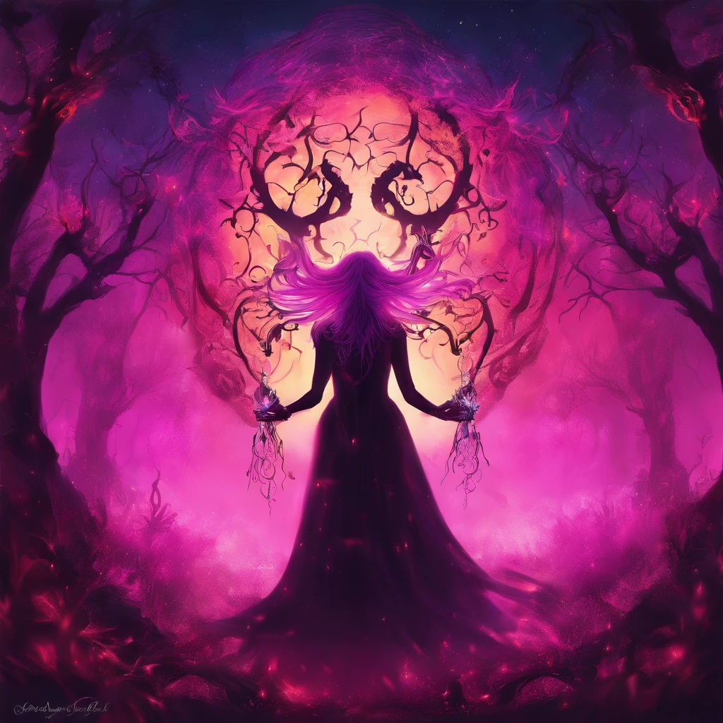 (a pink-haired demon woman,spells:1.1,glowing:1.1)(illustration)(best quality,ultra-detailed,realistic:1.37),demonic witch(demonic:1.1)(magic:1.1)(forest)(dark and mysterious,ominous atmosphere),casting powerful spells,creating magical energy(magic:1.1),vibrant pink hair(swirling pink hair)(flowing pink hair),horns(devil horns:1.1),piercing red eyes,enchanted scepter(magical scepter),elaborate dark robe,glowing magical sigils,fiery embers swirling(magical embers:1.1)(glowing embers),magical aura(glowing aura),eerie shadows,otherworldly presence(presence),sinister smile,nightfall in the background(dark night:1.1)(moonlit forest),lush and dense foliage(twisted trees)(mystical plants:1.1),mystical particles(swirling particles)(floating particles),ethereal glow(ethereal:1.1)(soft glow),faint moonlight breaking through the trees,haunting and captivating(scary atmosphere),bewitching beauty,wide range of colors(vivid colors)(contrasting colors),mystical realm,impressive details,dynamic composition,mesmerizing artwork,photorealistic style(picasso style),impressive shading and lighting,explosive energy,magical atmosphere(fantasy atmosphere),dreamlike scene