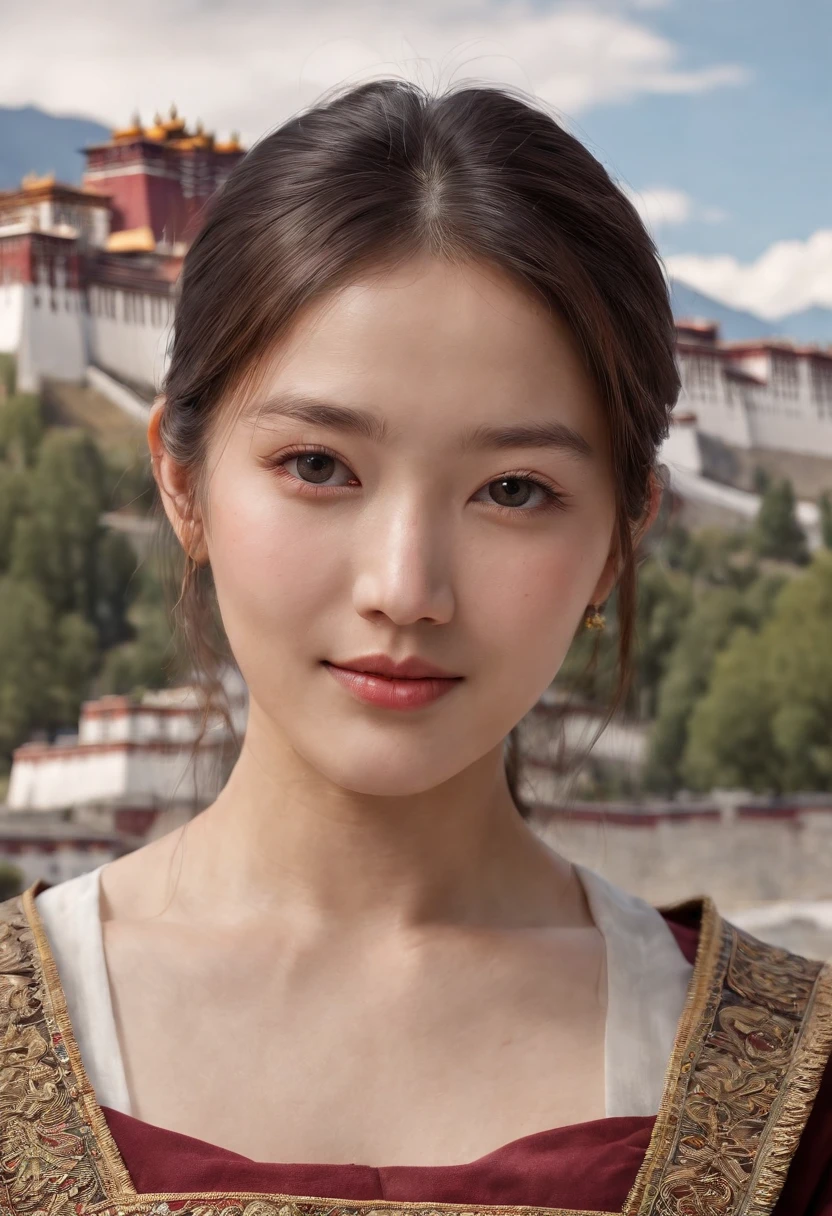(realistic:1.3), finely detailed, quality, rembrandt lighting, (masterpiece:1.2), (photorealistic:1.2), (best quality), (detailed skin:1.3), (intricate details), dramatic, ray tracing, 1girl, tibetan girl, 21 years old, detailed skin texture, (blush:0.5), (goosebumps:0.5), subsurface scattering, smiling, medium breasts, very long hair, bangs, hair between eyes, hair accessories, jewelry, tibet, full body, (outdoors, bright sunny day, potala palace in background, lhasa),