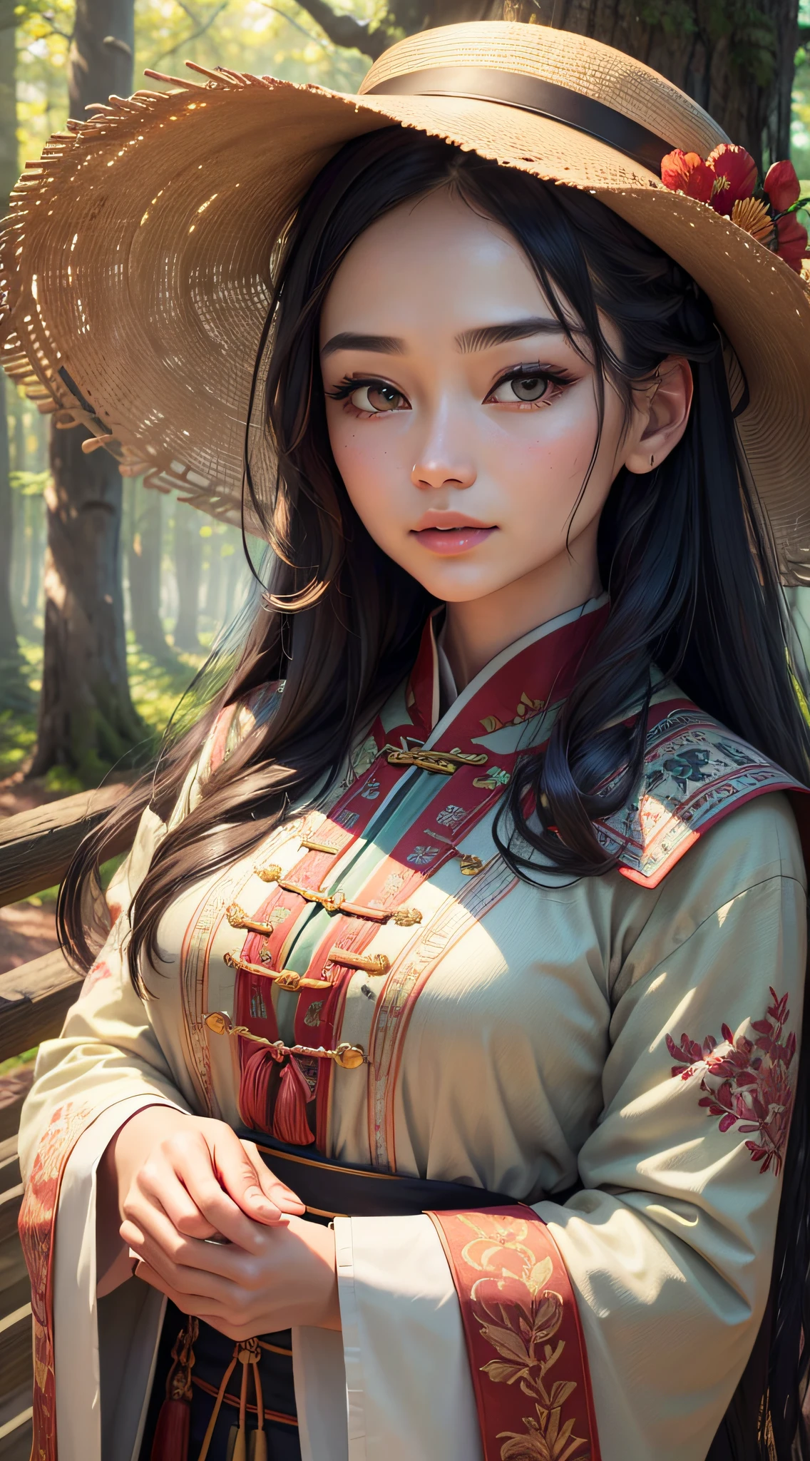 Wearing a hat,forest in the background,national style clothing,(best quality,4k,8k,highres,masterpiece:1.2),ultra-detailed,(realistic,photorealistic,photo-realistic:1.37),oil painting,ancient Chinese culture,traditional costume,vibrant colors,sunlight filtering through trees,warm golden light,peaceful atmosphere,subtle shadows,meticulous details,serene expression,focus on facial features,detailed eyes,detailed lips,long eyelashes,embroidered patterns on clothing,wisps of hair flowing in the wind,delicate brushstrokes,natural textures,harmonious color palette,composition centered on the character