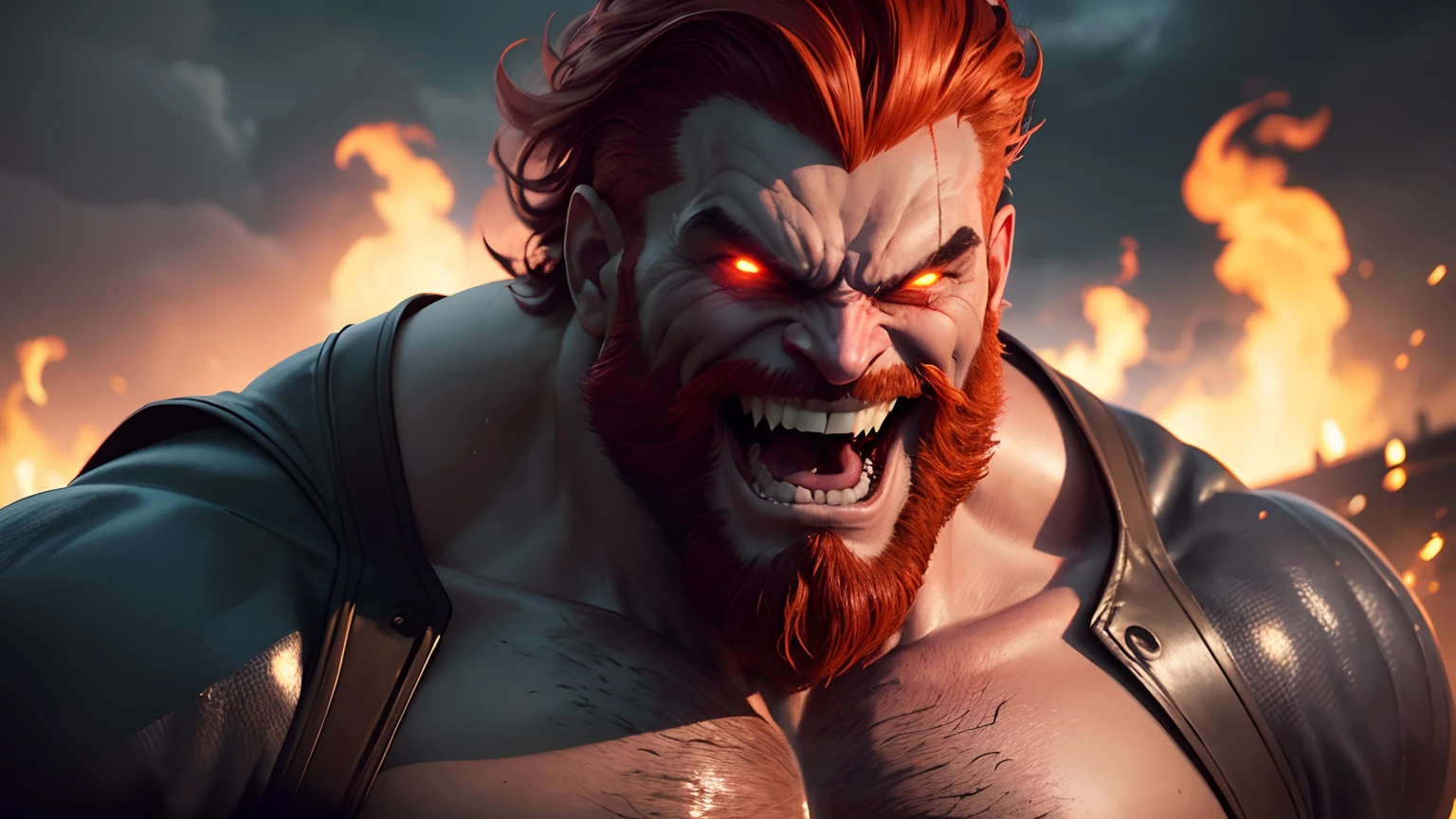 (high quality,ultra-detailed,realistic:1.37),gigantic muscular man,larger than planet Earth,fiery red hair,with beard,evil,malevolent,laughing loudly,night scene,dramatic lighting,ominous atmosphere,destructive power,dark background,glowing red eyes,evil grin,fiery aura,menacing presence,enormous physique,strong and powerful,evil laughter,evil expression,evil intentions,demonic appearance,dark clouds,intense shadows,stormy sky,gloomy atmosphere,devilish,terrifying presence,daunting figure,monster,scary,horror movie vibe,demonic laugh,wicked,shadowy.