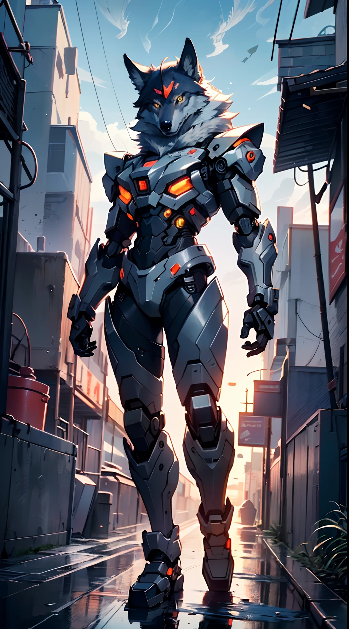 (((A mechanical wolf,cyborg wolf,cyborg-wolf,animal,wolf robot))),no human,detailed wolf,intricate mechanic wolf,robot animal,
epic, highly detailed full body of a gigantic feral mecha canine, sharp metal claws, cannon mounted on back, sleek armor, glowing visor, furry art, zoids art, furaffinity, sofurry,
(dynamic pose:1.0),solo focus,(centered,scale to fit dimensions,Rule of thirds),
cyberpunk city by the ocean at night, with bright neon signs and dark stormy clouds and puddles, scenery:1.25,
highres, sharp focus, (ultra detailed, extremely detailed), (photorealistic artwork:1.37),(extremely detailed CG unity 8k wallpaper),((synthwave background theme)),(((vibrant colors))),(intricate background),(masterpiece),(best quality),