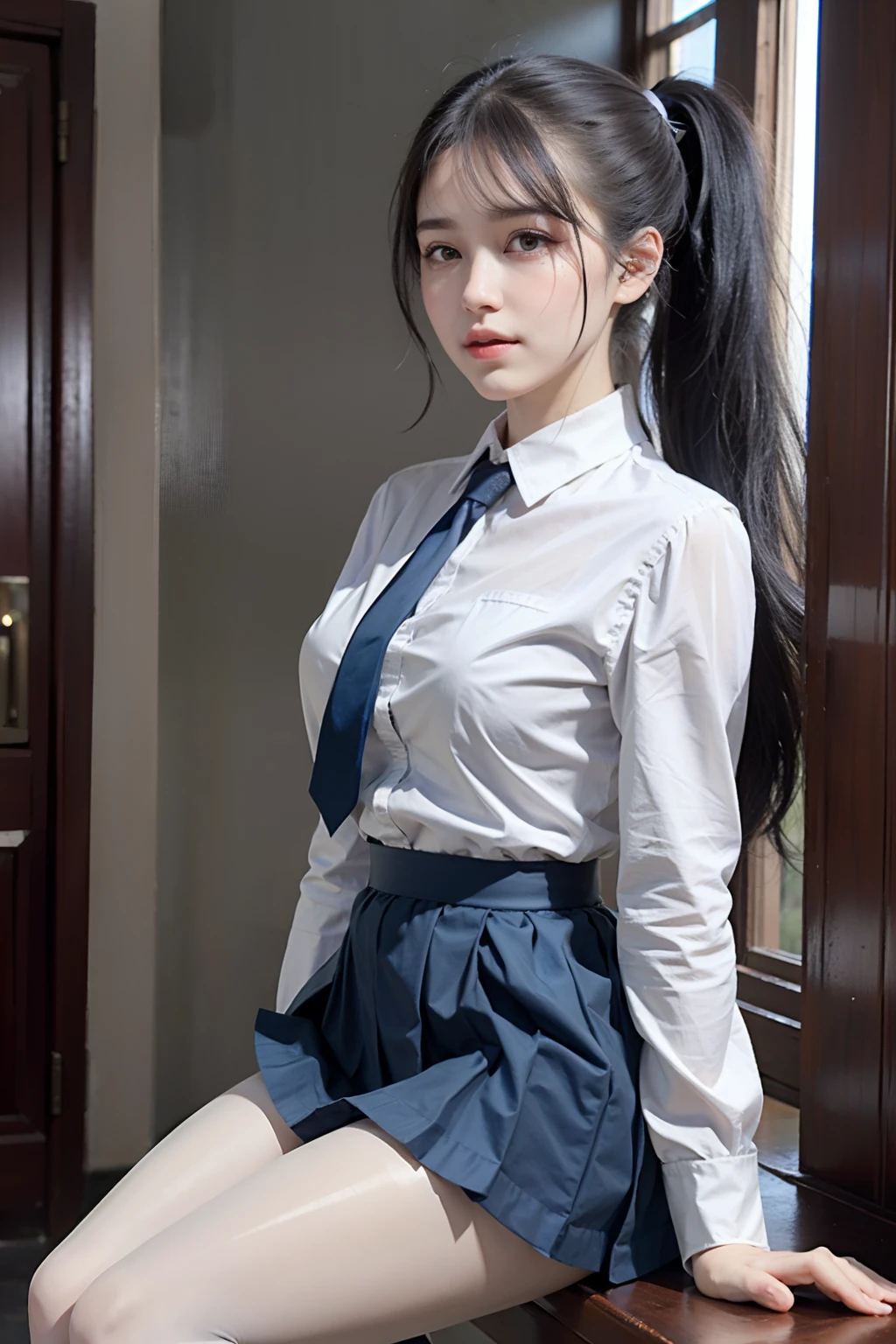 Ultra photo realsisim, 8K, CG,s the perfect face,flawless perfection,Ren,tmasterpiece,professionalartwork,famousartwork,s the perfect face,beauitful face,beautidful eyes,((((Double ponytail)))),((Perfect female body)),独奏,(immersiveatmosphere,lightand shade contrast:1.5,Bright light:1.2,lumnious),(Blushlush:0.5),Enchanting expression,Ultimate detail_The eye,thick thight,huge tit,Exquisite background,depth of fields,photorealestic:1.3,Faraway view,1girll,The shirt,pleatedskirt,school uniform,Sit Pose,((((full bodyesbian)))),(ambient lights:1.3),(cinematic compositions:1.3),(neonlight:0.1),(hdr:0.1),emphasis lighting,White panty hose,(((clear clothing))