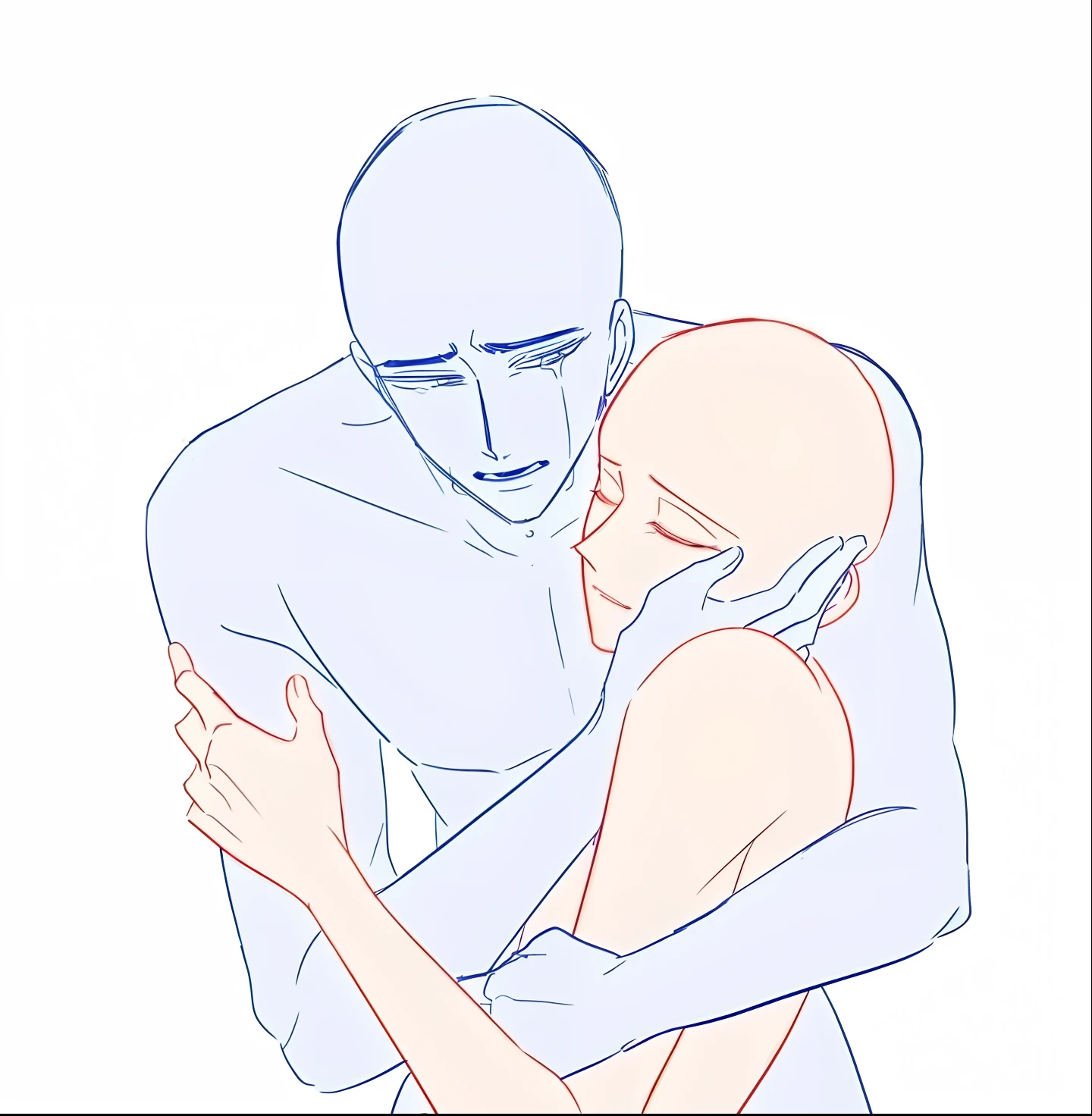 a closeup of a man hugging a woman and with a white background, pose suave e calma, hugging each other, hugging, touching heads, anatomical drawing of saitama, quadro emocional, arte conceitual emocional, arm around her neck, pose de casal, crying and reaching with her arm, Saitama bonito, SCP-049, Segurando uma espada