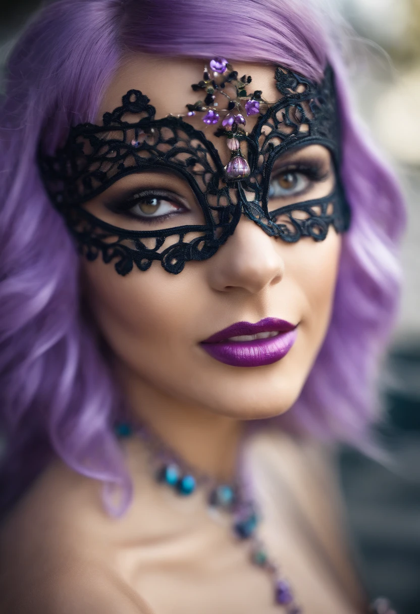 ((Custom eye mask)), ((Patterned mask)), ((Printed eye mask)), cinta de pelo de hilo, purple hair, ((realista)), ((Fotorrealismo)), ((fotorrealista)), ((cosplay)), ((vida real)), 1girl, solamente, ojos cerrados, cabello negro, cabello multicolor, sonrojarse, Adorno de piel, abrigo con adornos de piel, They are smiling, abrigo, purple hair, Cabello largo, ((eye mask)), flequillo, boca cerrada, arco, Gotas de sudor voladoras, bata blanca, cinta, Vendas, Cabello bitono, Parte superior del cuerpo, lazo blanco, adorno para el cabello. en la playa tomando una bebida