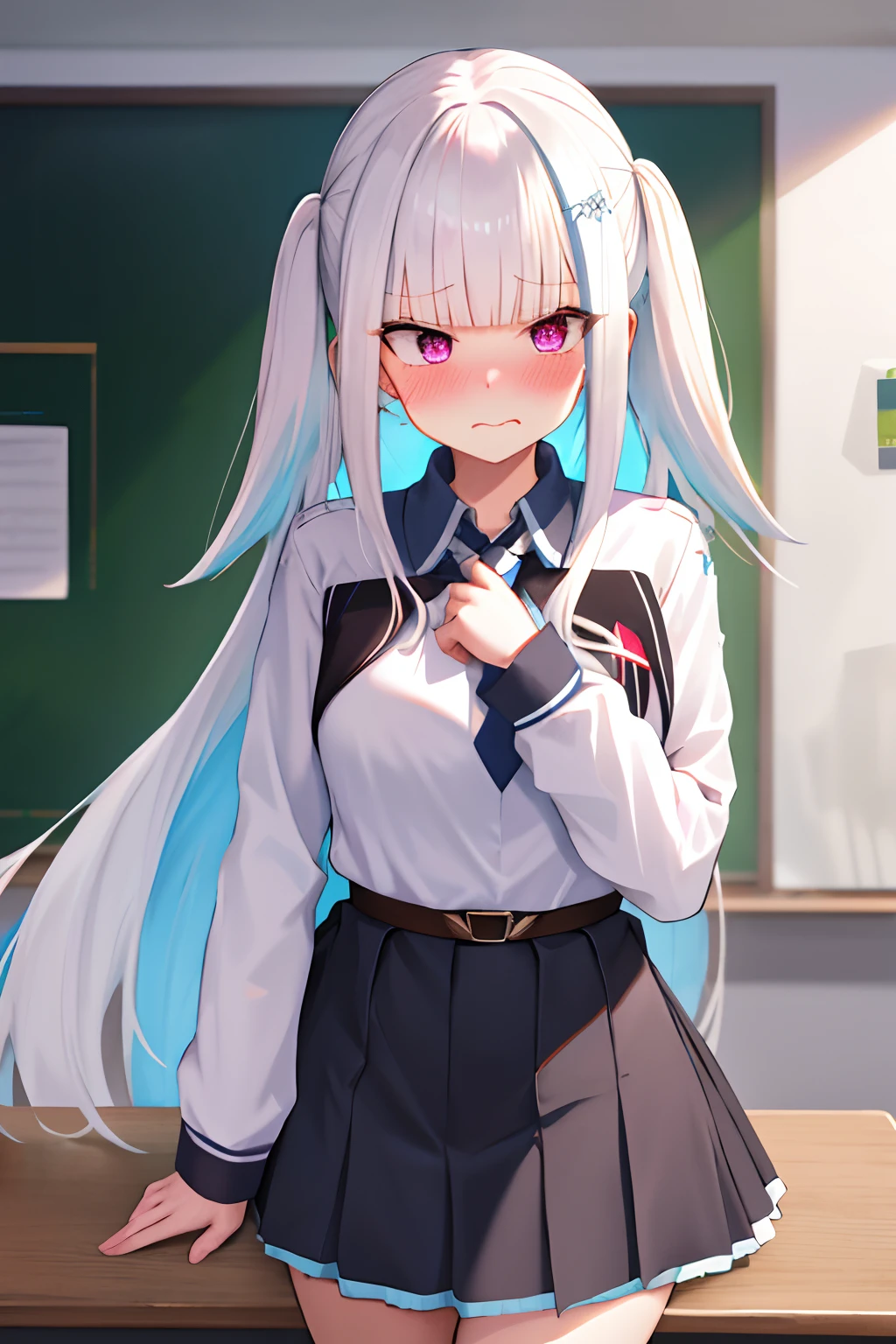 One girl with long hair, white hair, looking away, embarrassed, blushing, mouth small open, classroom, white tight shirt, mini black skirt, thigh , school uniform, necktie,ear blush, mature female, close up