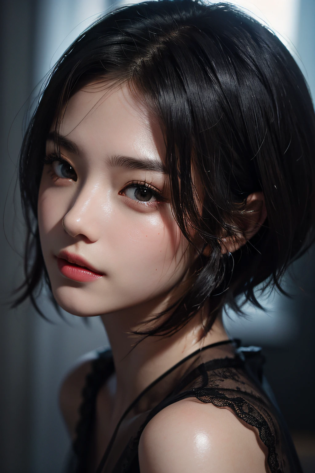 (masuter piece:1.3)、(8K、Photorealsitic、Raw photography、top-quality: 1.4)、(1girl in)、beautiful countenance、(Lifelike face)、(A dark-haired、short-hair:1.3)、Beautiful hairstyle、realisticeyes、Beautiful details、(real looking skin)、Beautiful skins、absurderes、enticing、超A high resolution、A hyper-realistic、high-detail、the golden ratio、