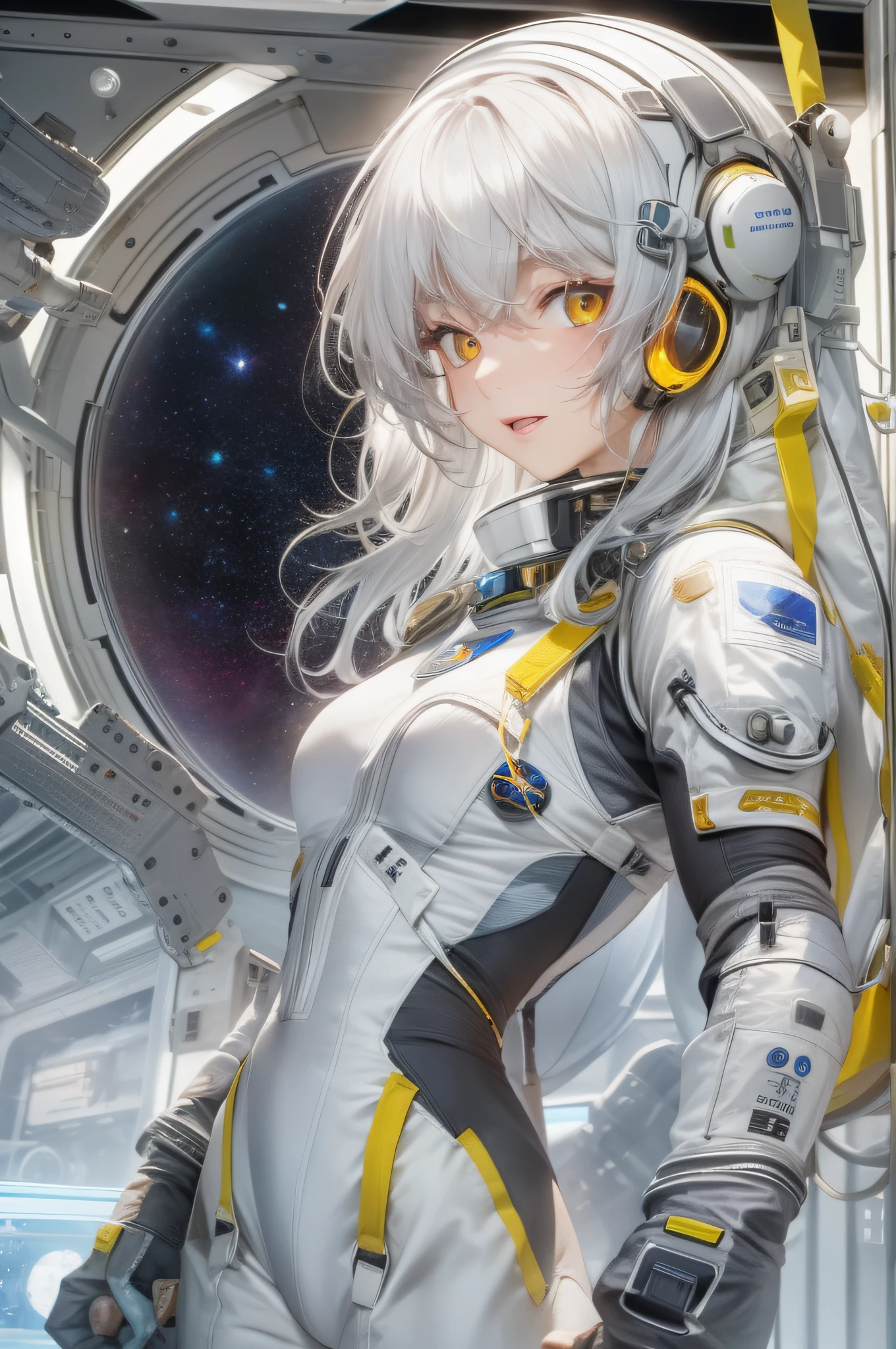 Masterpiece, Best quality, 1girll, (space), Spacecraft, (Spacesuit), Upper body, From the side Side, Science fiction, Yellow eyes, double tails, Silver hair,