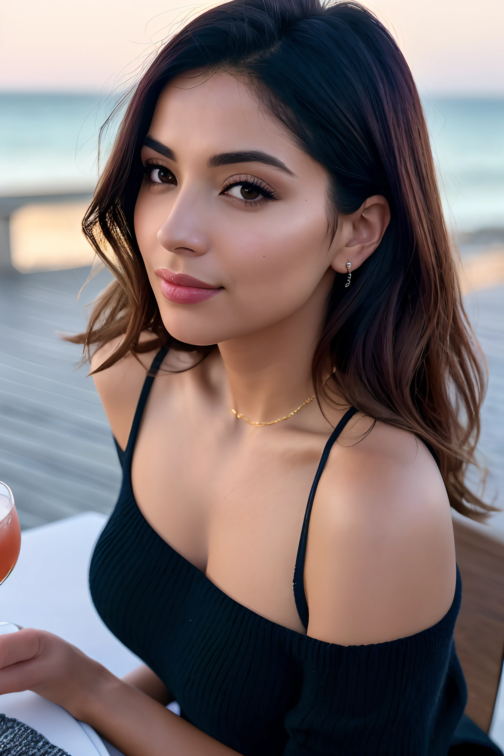 Photo par (sh0hreh:0.99), une belle femme de 36 ans longs cheveux noirs, Enlarged close-up in a well-cropped portrait, seated at a (Table on a seaside promenade café-bar drinks cocktails:1.2) porter un (Sexy shouldered sweater:1.3) (boissons sur la table:1.3) (Golden lighting:1.2) Background details of foreground objects (Masterpiece:1.2) (photoreallistic:1.2) (Bokeh:1.2) (Best quality) (color gradient) (detailed skin: 1.3) (complexe) (8k) (Hdr) (lighting cinematic:1.3) (mise au point nette)