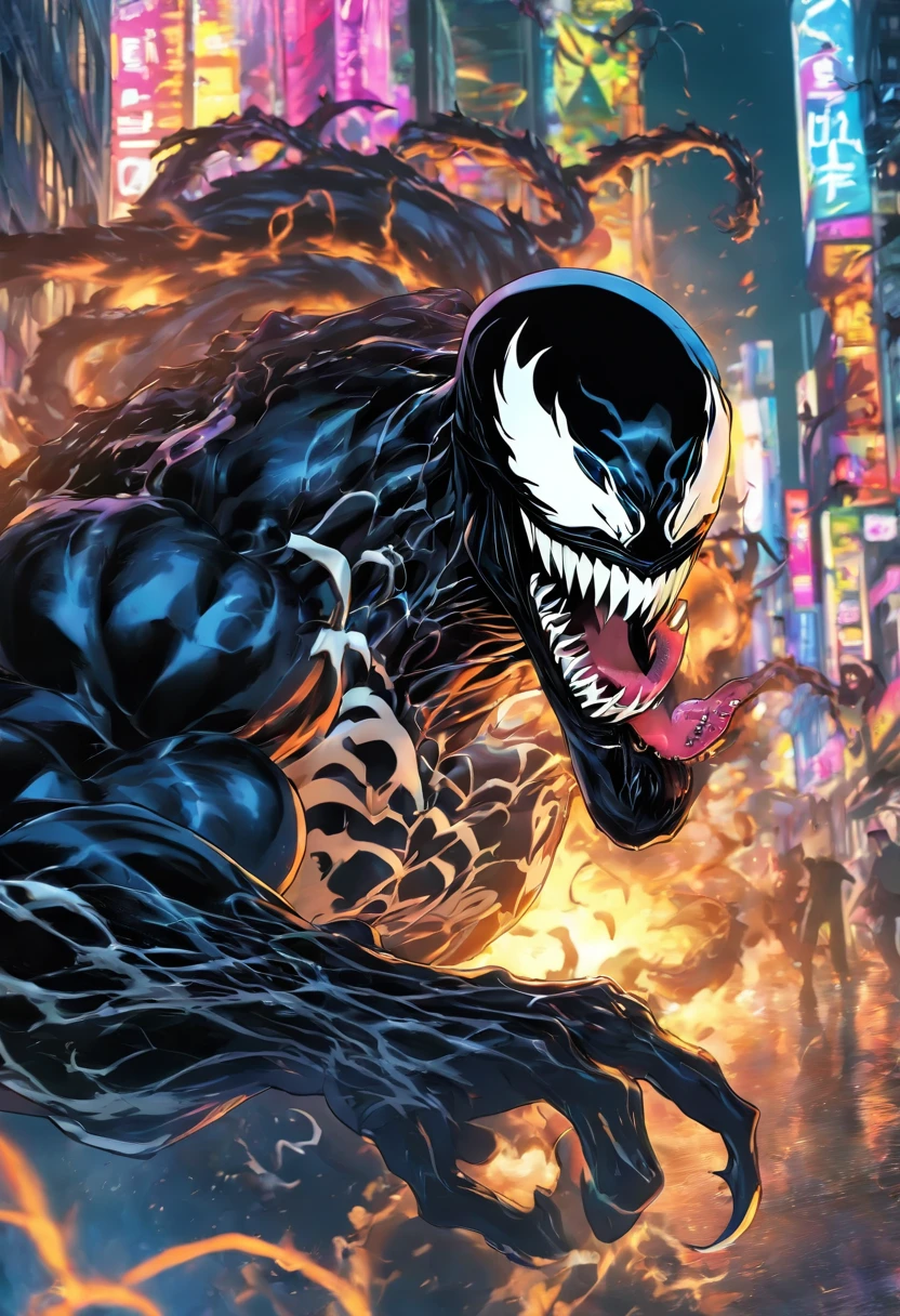 score_9, score_8_up, score_7_up, score_6_up, score_5_up, score_4_up,
BREAK
venom, marvel, black skin, white eyes, smile, happy, open mouth, monster, long tongue, saliva,
BREAK
solo, medium breasts, front view, black skin, wide hips, venom symbol, claws, curvy figure, lying on side, grabbing own thigh, motion lines,
BREAK
new york, rooftop background, night sky, night, cityscape, star \(sky\),