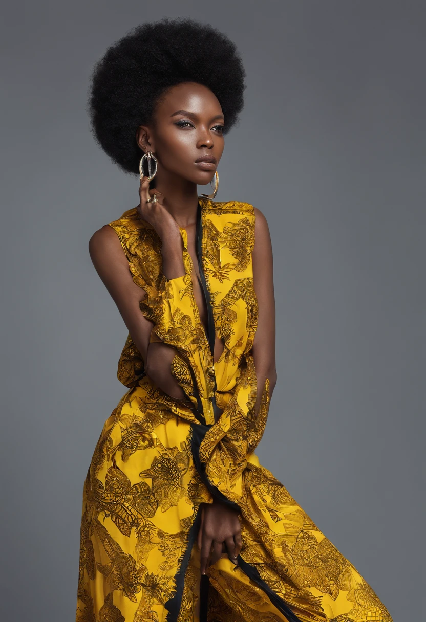 Full portrait d'une femme noire, nez pointu, mouth closed, robe jaune longue africaine, cheveux envelopper avec une plastique transparente, boucle d'oreille, bracelet en bois, dans un background simple