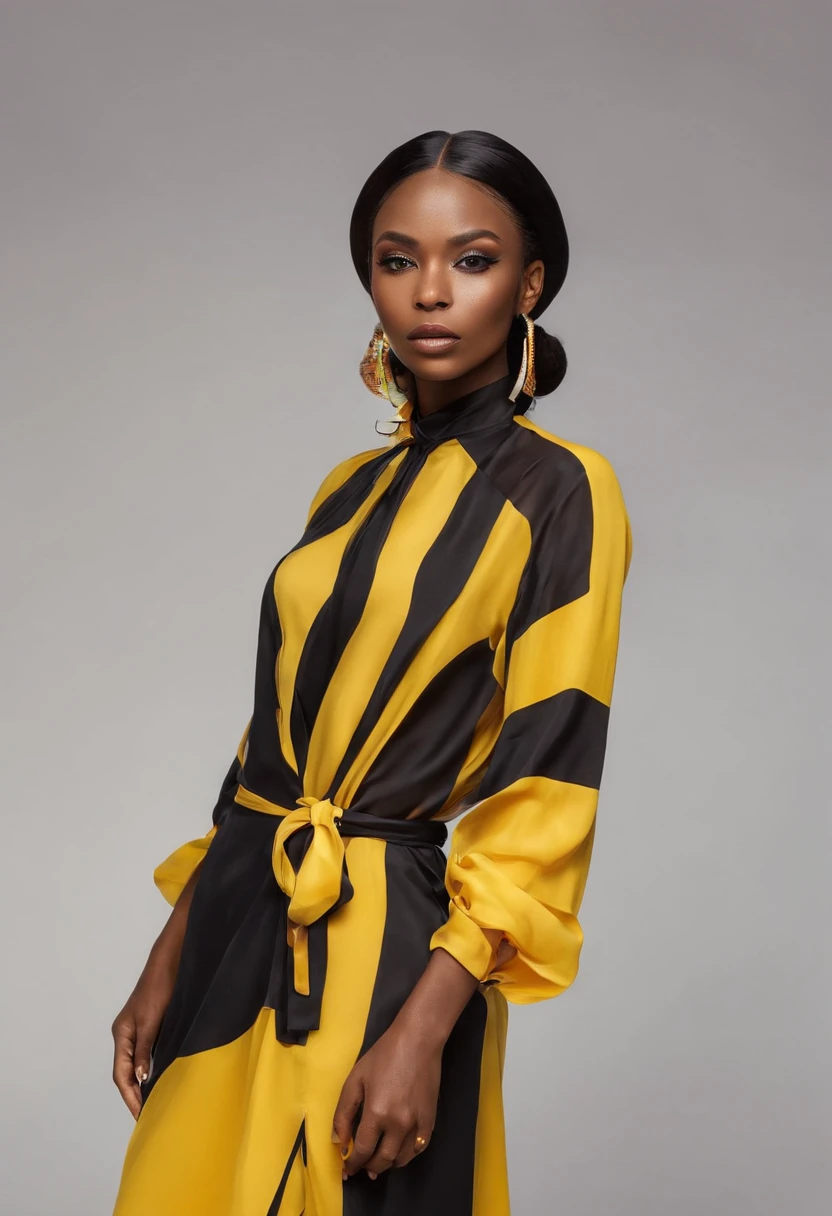 Full portrait d'une femme noire, nez pointu, mouth closed, robe jaune longue africaine, cheveux envelopper avec une plastique transparente, boucle d'oreille, bracelet en bois, dans un background simple