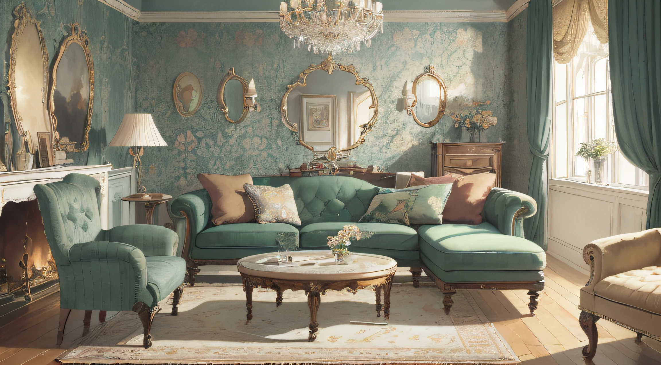 background, (antique interior design), Victorian home furnishings, depth, symmetrical design, eclectic and ornamental style, ((opulent furnishings, tapestries, patterned wallpaper, rich colors, flowers, and sentimental pictures and drawings, Tiffany lamps, wall sconces, chandeliers, framed pictures, displayed china, souvenirs, vases, lace doilies, button-back armchairs, chaise lounges, ottomans)), parquet patterned floors, exquisite home, rich details, quiet and elegant atmosphere, pale green tones as the keynote, exquisite and soft painting style, cinematic lighting effects, HD picture quality, soft light, Tyndall effect, dreamy, rich details, 32k, high quality, high resolution, (very detailed CG unity 8k wallpaper)