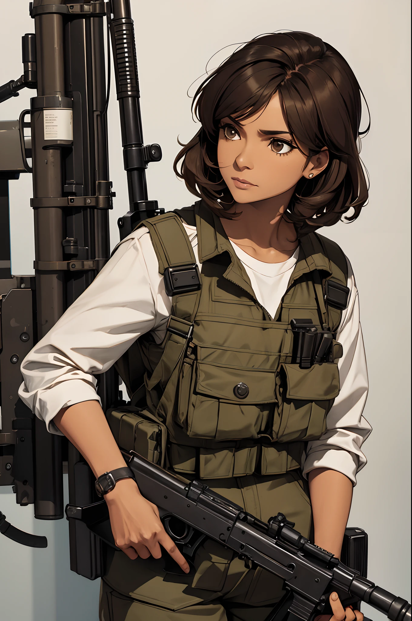 A mature brown woman, dressed in guerrilla style clothes and holding a machine gun.