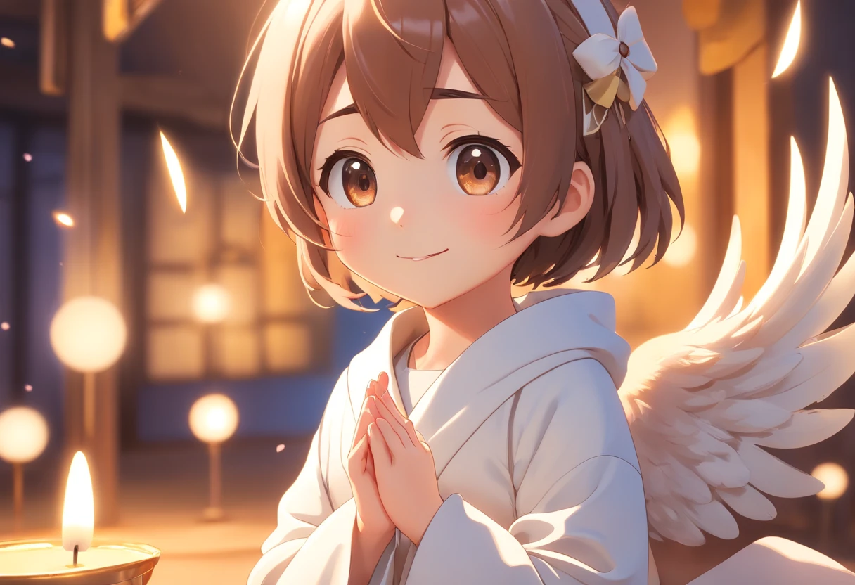 Pop Mart Blind Box IP、A smile、Close up of cute white robe doll、Young One Angel Style、Wear longer, Dress fluently、Lop style、Poseline doll、Little people々々々々々々々々々々。unreal enginee 5、Light 3D/C4D production: 8K HD quality/illuminating/Ultra-fine lens description 1.5、flawless、Chibi Background/Cinematic。