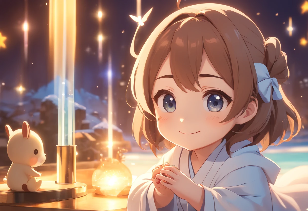 Pop Mart Blind Box IP、A smile、Close up of cute white robe doll、Young One Angel Style、Wear longer, Dress fluently、Lop style、Poseline doll、Little people々々々々々々々々々々。unreal enginee 5、Light 3D/C4D production: 8K HD quality/illuminating/Ultra-fine lens description 1.5、flawless、Chibi Background/Cinematic。