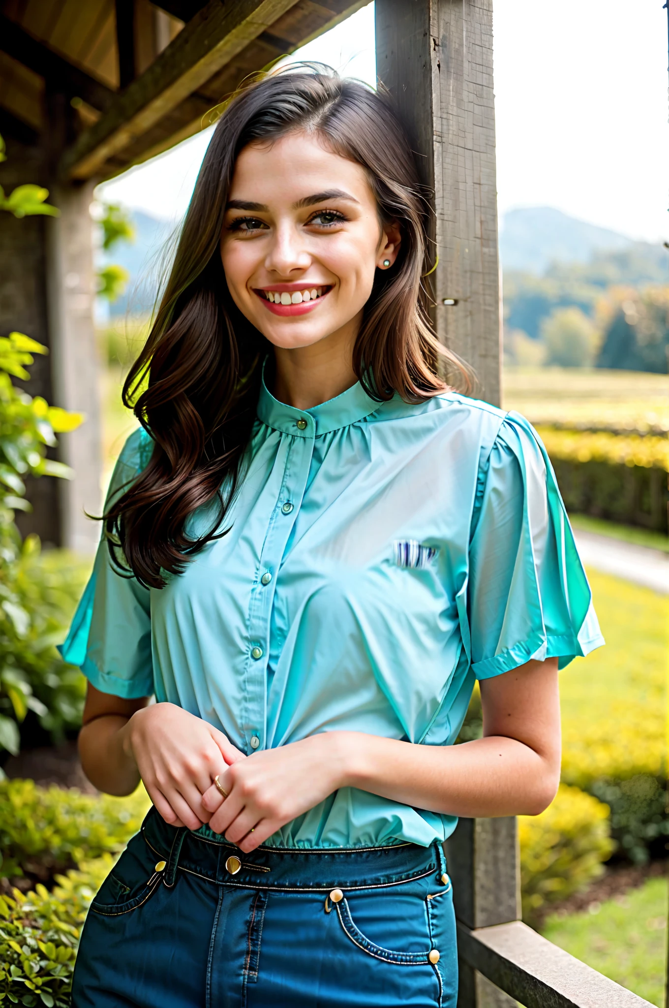 European woman, closeup, (shirt), pants, (swiss village streetview), (), ZM_alessia, wide shoulders, perfect face, (contact iris: 1.1), pale skin, skin pores , depth of field