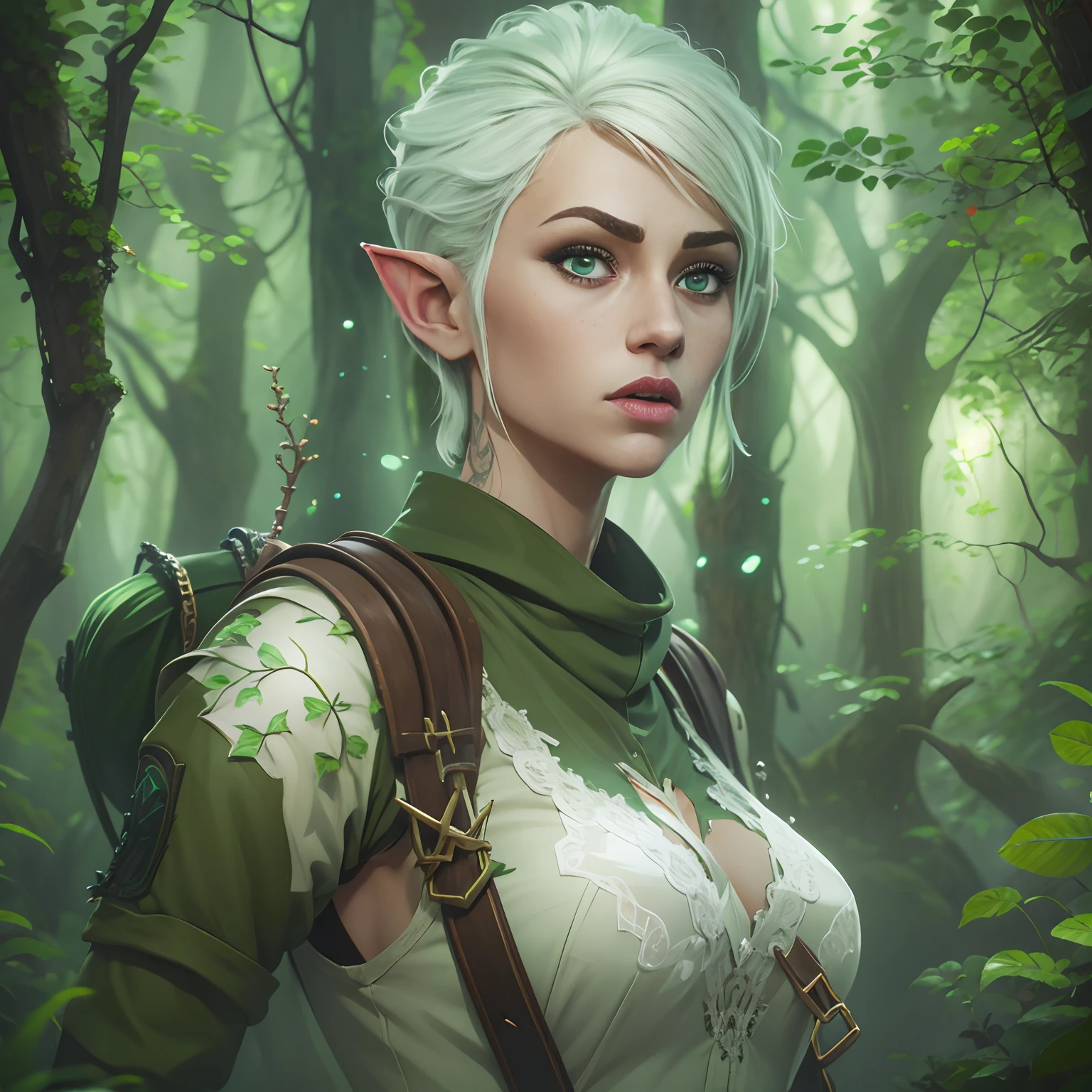 white punk short hair, green eyes, girl, forest ranger, Dungeons and Dragons, Elf woman, illustrations, highres, ultra-detailed, realistic, vivid colors, bokeh lighting