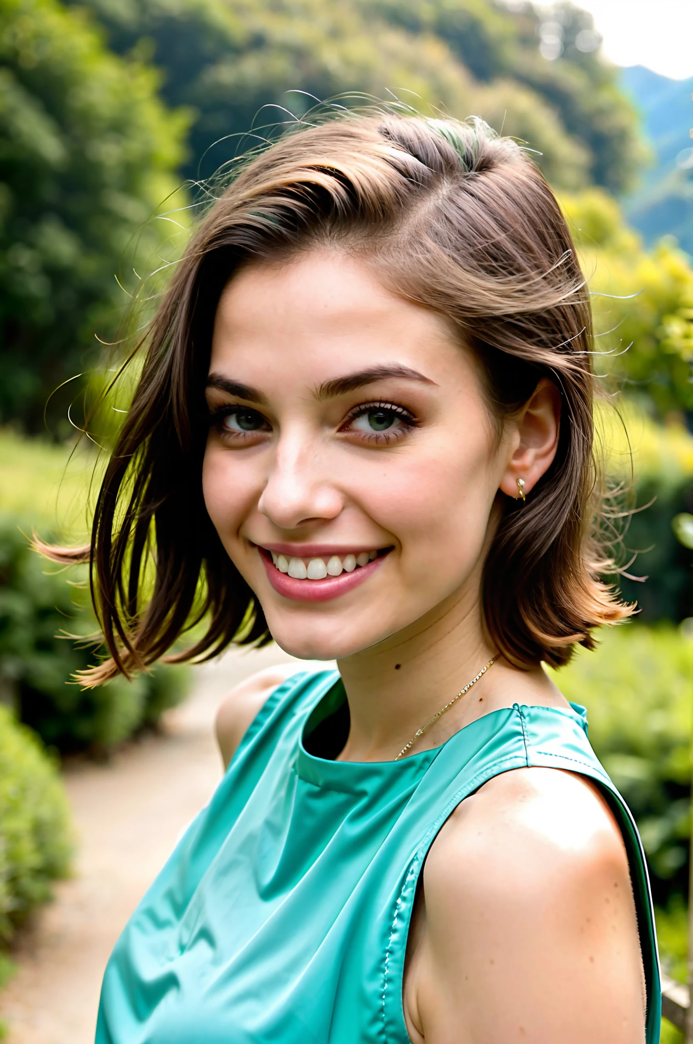 woman in a blue and green halt top, beautiful and smiling, lovely smile, 25 yo, charming smile, landscape