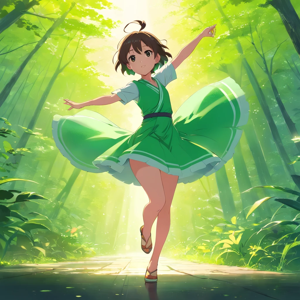 do anime no traje verde e preto nas asas e no fundo verde, Personagem Pixie, fada, fada da floresta, meninaador do inseto, duende morena com asas de fada, duende, cute 3d anime girl rendering, April Rendering, Fairy Dance, pernas abertas