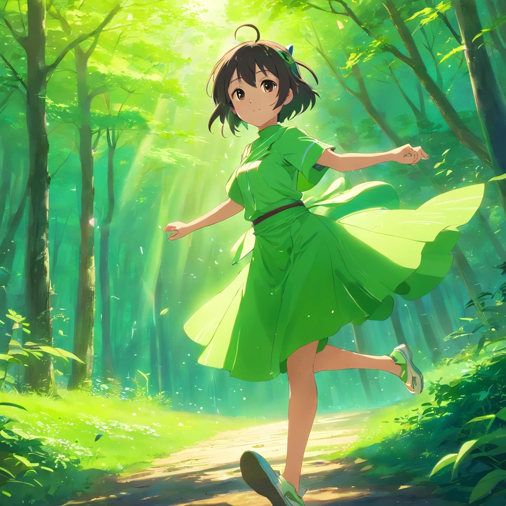 Anime girl in green dress running through a forest - SeaArt AI