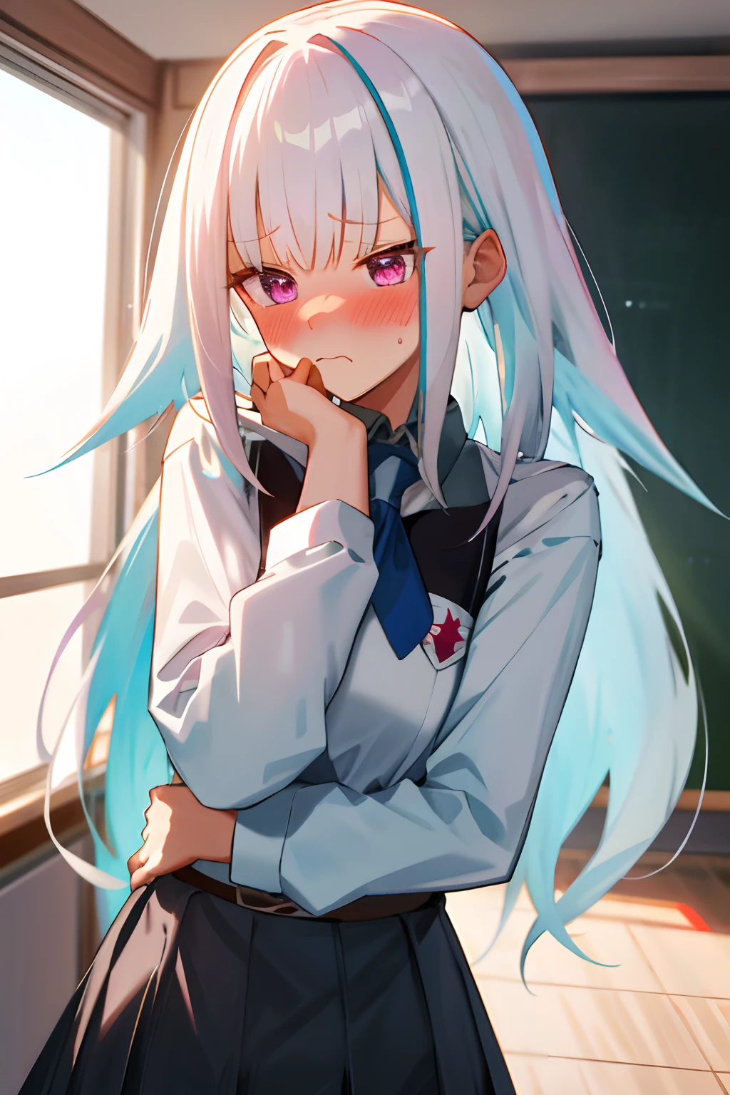 One girl with long hair, white hair, looking away, embarrassed, blushing, mouth small open, classroom, white tight shirt, mini black skirt, thigh , school uniform, necktie, ear blush, hands in waist, mature female, close up