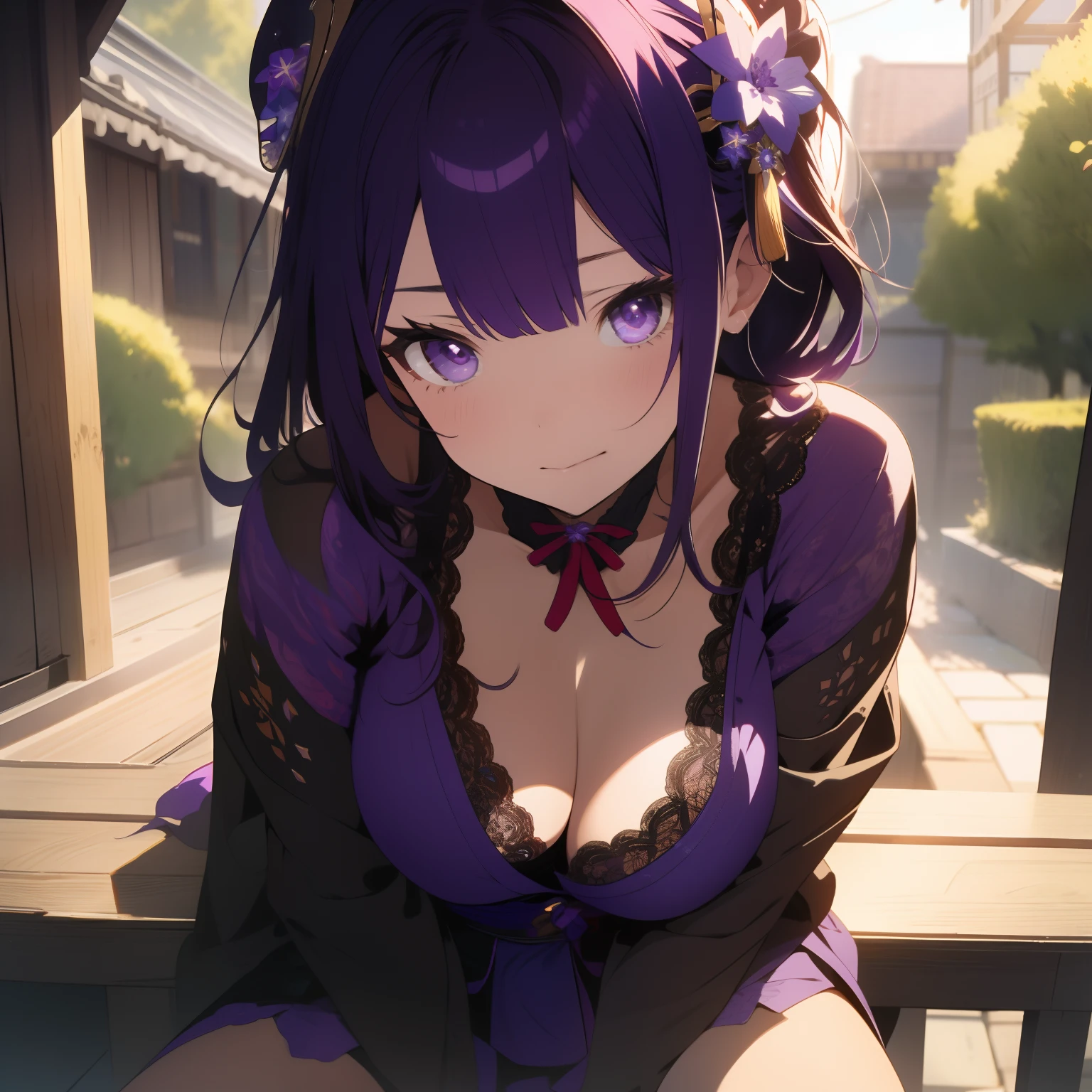 Masterpiece, best quality, super detailed, illustration, beautiful detailed eyes, ((far view, wide angle 1.31)), ((intricate designed lace))on the outside, a woman, 
raidenshogundef
raidenshogunrnd, purple bikini, hair ornament, long purple hair, purple eyes, sexy, facing face, big breasts, cleavage, big breasts, blushing, masturbation, lying, lie on jacuzzi, flowers, Grab your own breasts, Spread your legs, bare legs, Raise your legs, underboob, visible bellybutton,