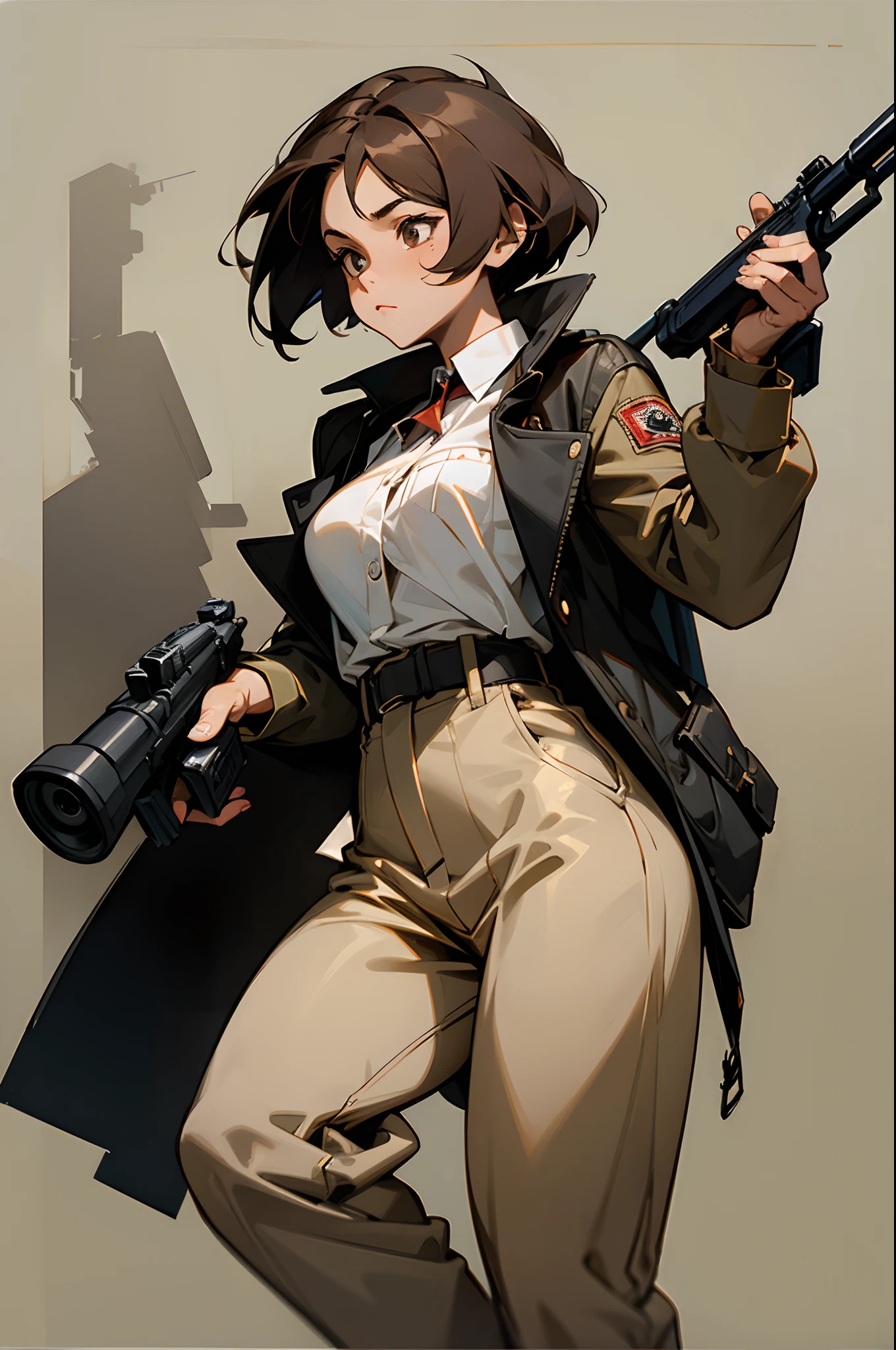 A mature brown woman, dressed in guerrilla style clothes and holding a machine gun.