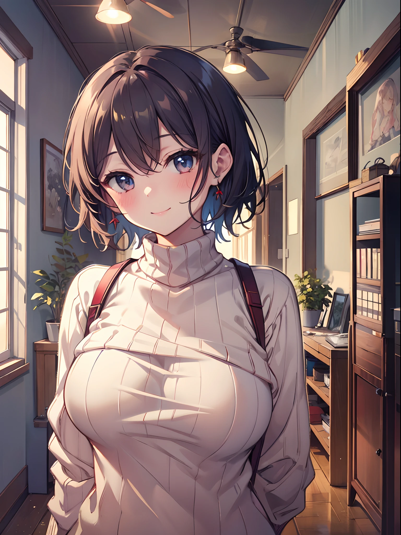 superfine illustration,(perfect anatomia), anime illustrated,masterpiece, top-quality, hight resolution,
1girl in, sarashina_ruka, large boob, Short hair, Dark hair,
red sweater,
Smile, blush,
NSFW,