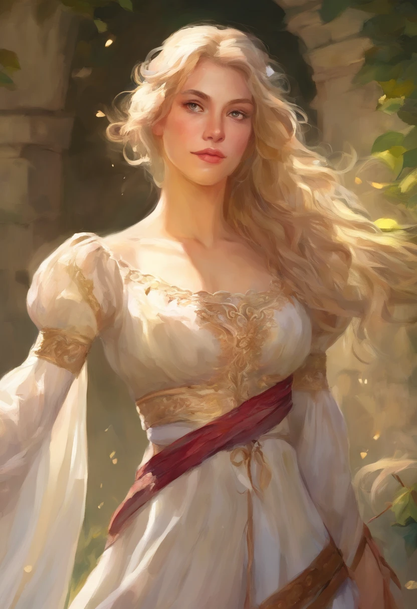 (uma mulher loira com traje medieval, segurando um arco),oil-painting, rosto e olhos detalhados, cores vibrantes, realistic lighting, Paisagem medieval, castelo no fundo, flowing hair, confident and focused expression, Classic art style, tons de cores quentes, high resolution, foco nítido, Figurino elaborado