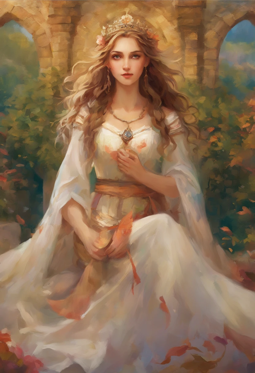 (uma mulher loira com traje medieval, segurando um arco),oil-painting, rosto e olhos detalhados, cores vibrantes, realistic lighting, Paisagem medieval, castelo no fundo, flowing hair, confident and focused expression, Classic art style, tons de cores quentes, high resolution, foco nítido, Figurino elaborado
